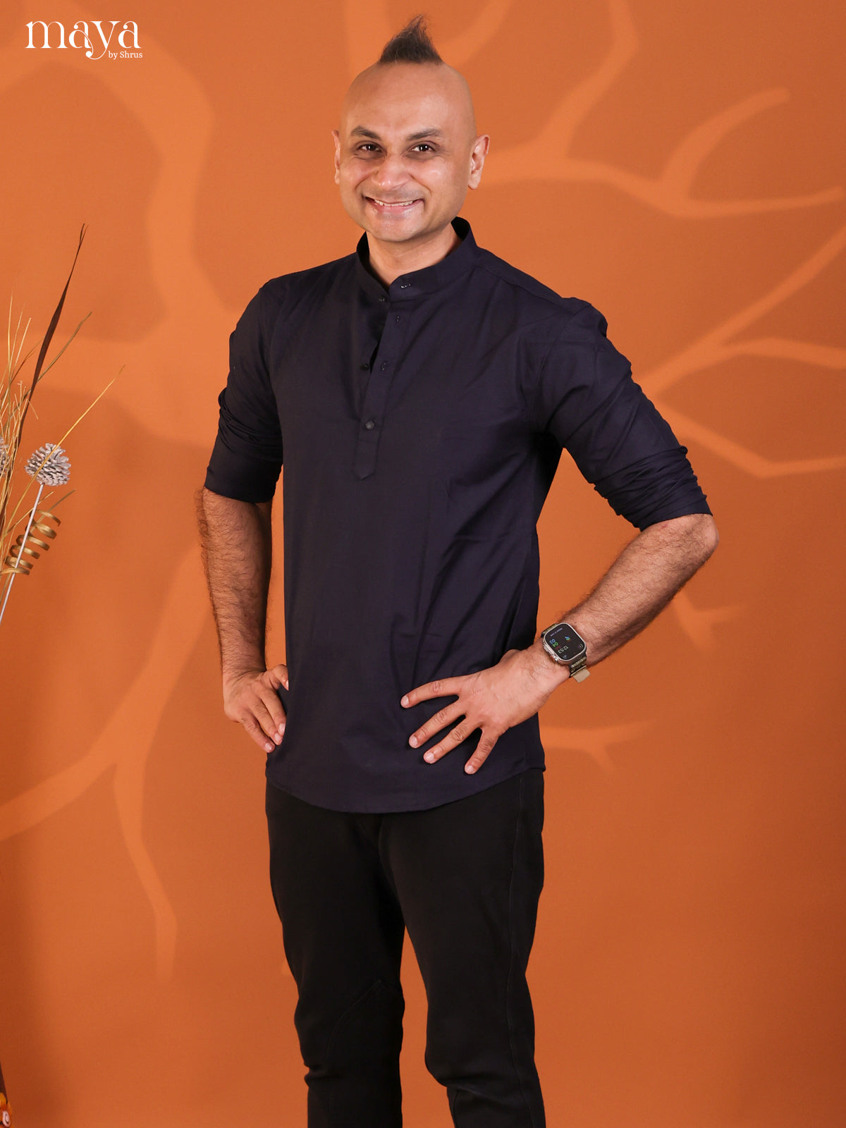 Navy Blue Cotton Solid Short Men Kurta