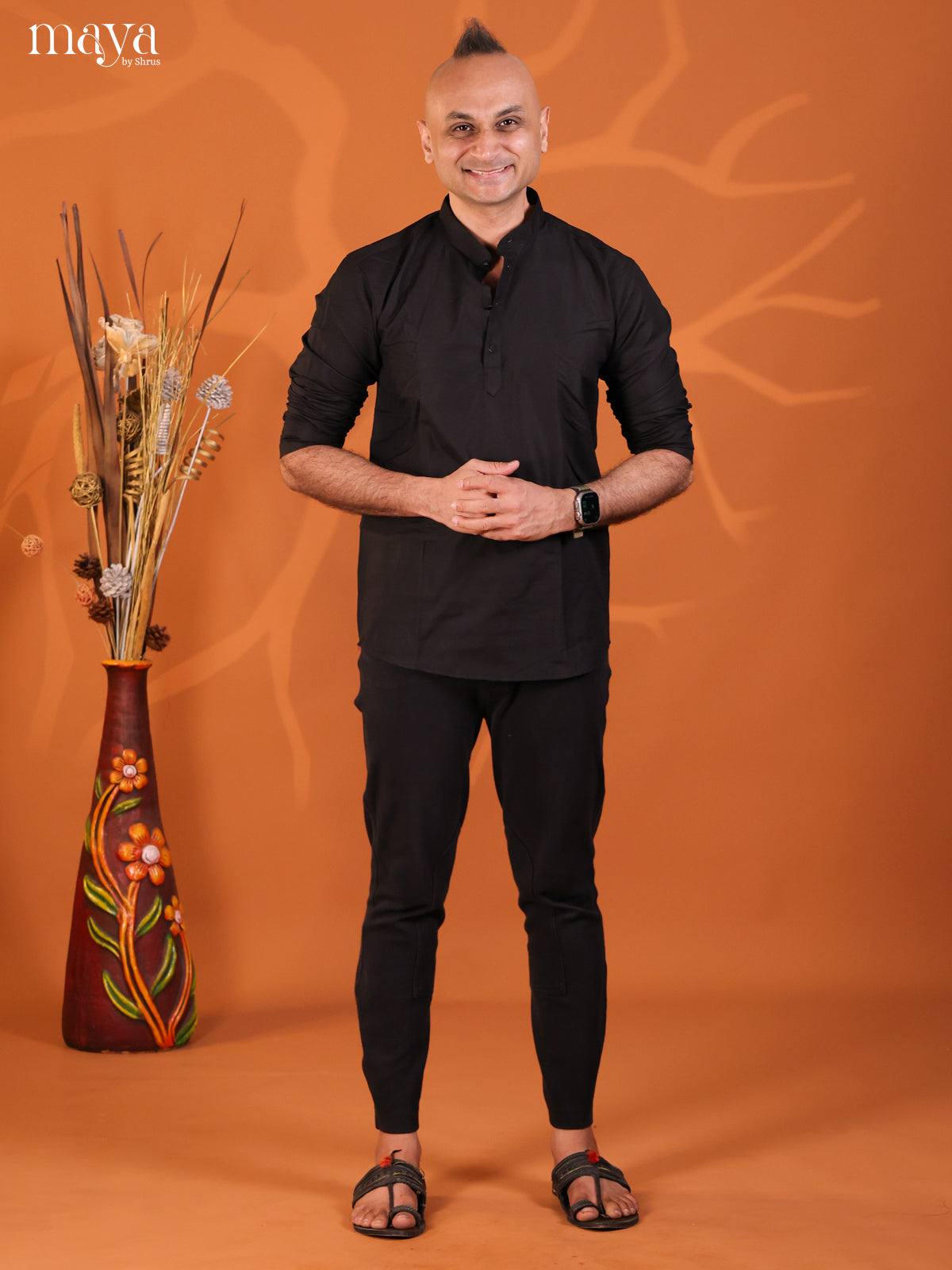 Black Cotton Solid Short Men Kurta
