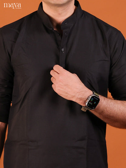Black Cotton Solid Short Men Kurta
