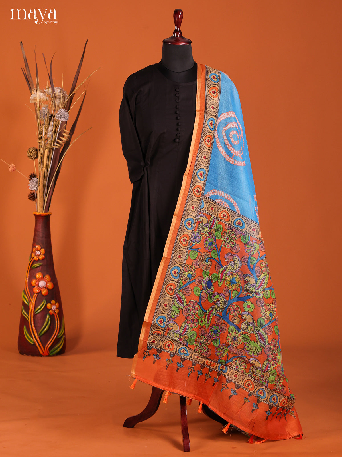 Blue & Orange -Semi Maheshwari Print Dupatta