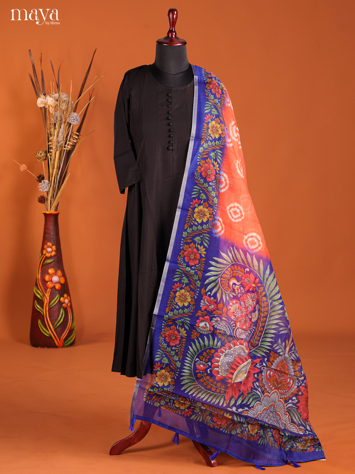 Orange & Blue -Semi Maheshwari Print Dupatta