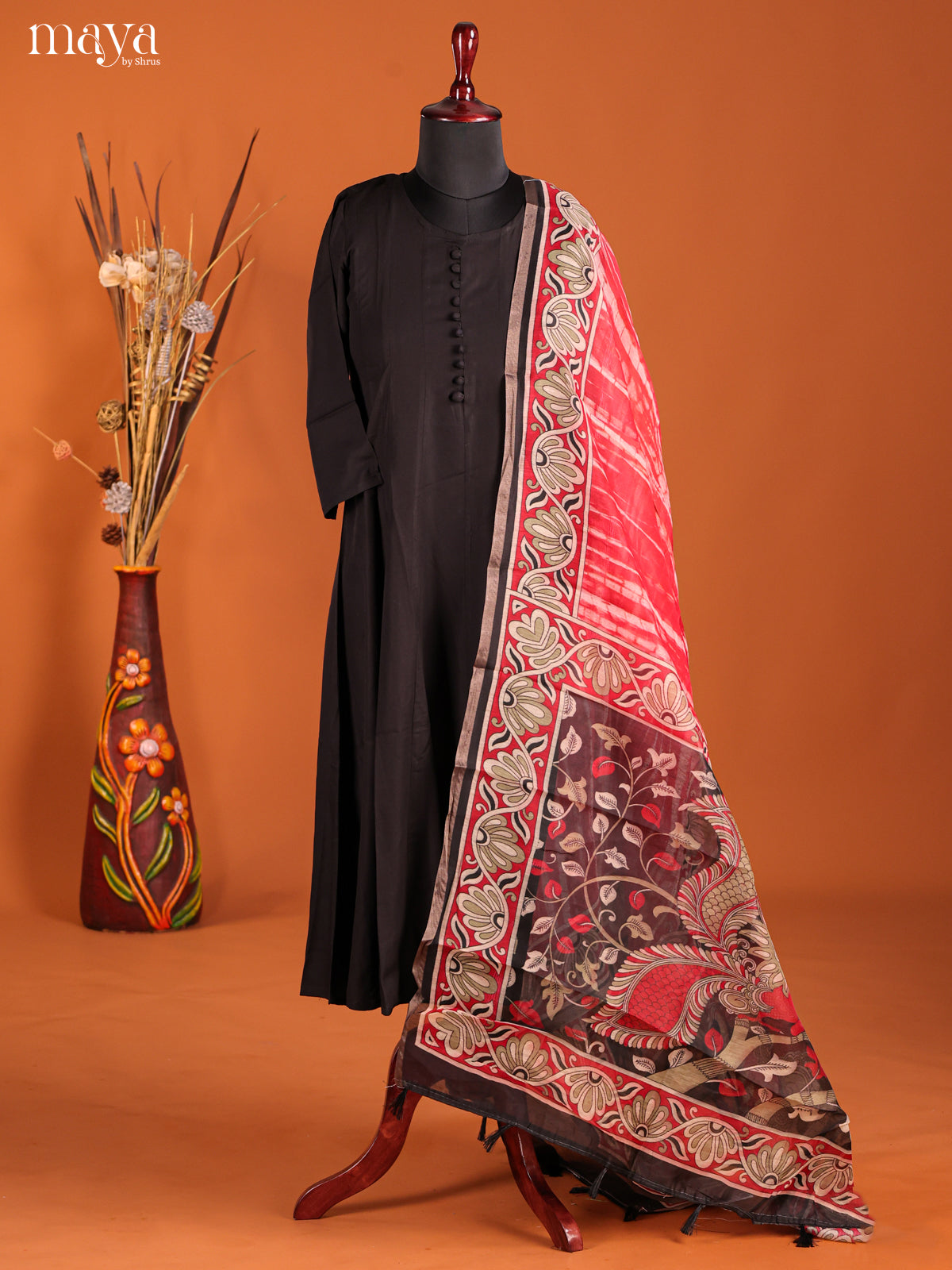 Red & Brown-Semi Maheshwari Print Dupatta