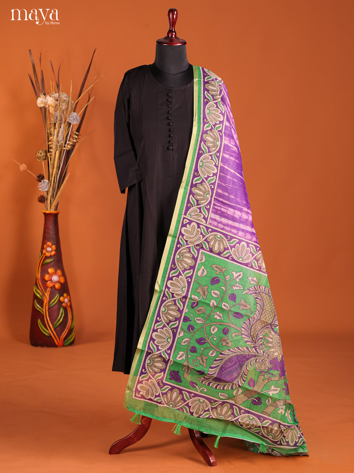 Purple & Green-Semi Maheshwari Print Dupatta