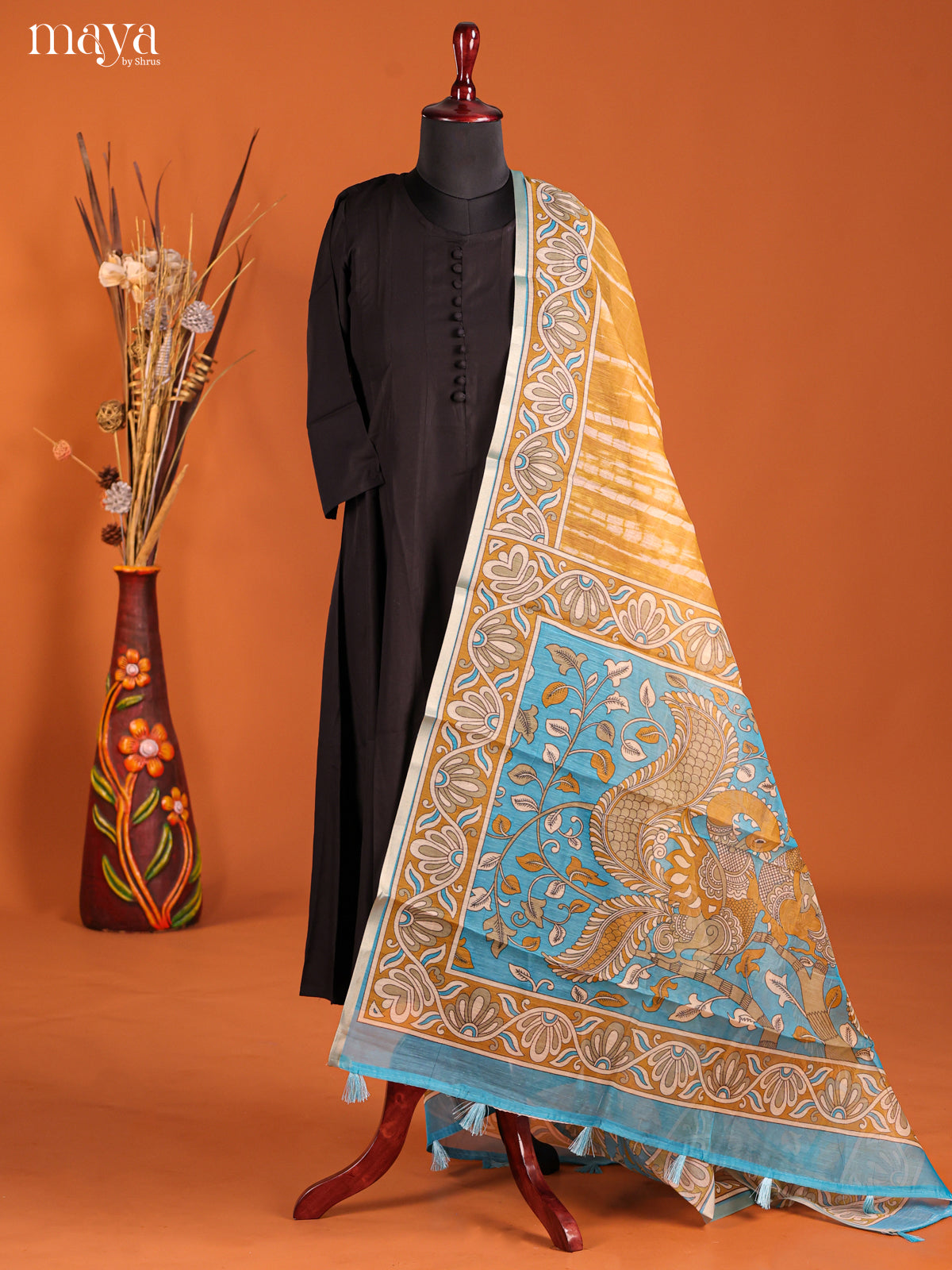Mustard & Blue-Semi Maheshwari Print Dupatta