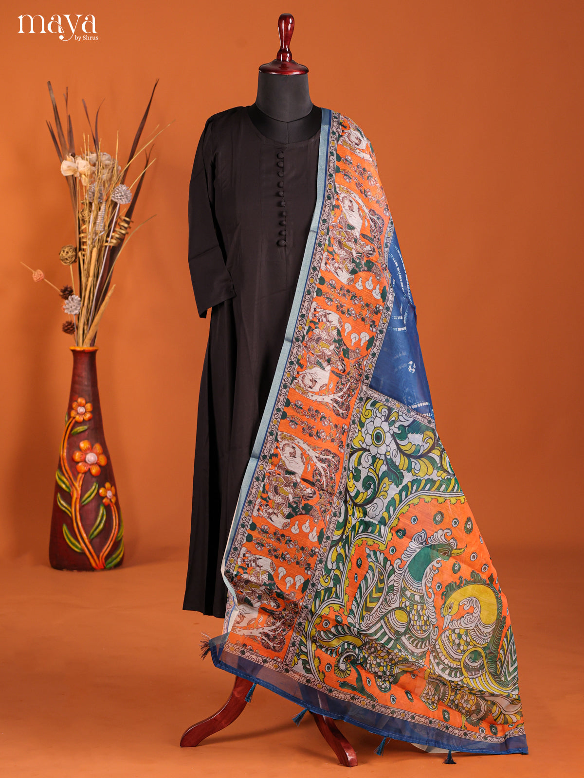 Blue & Orange-Semi Maheshwari Print Dupatta