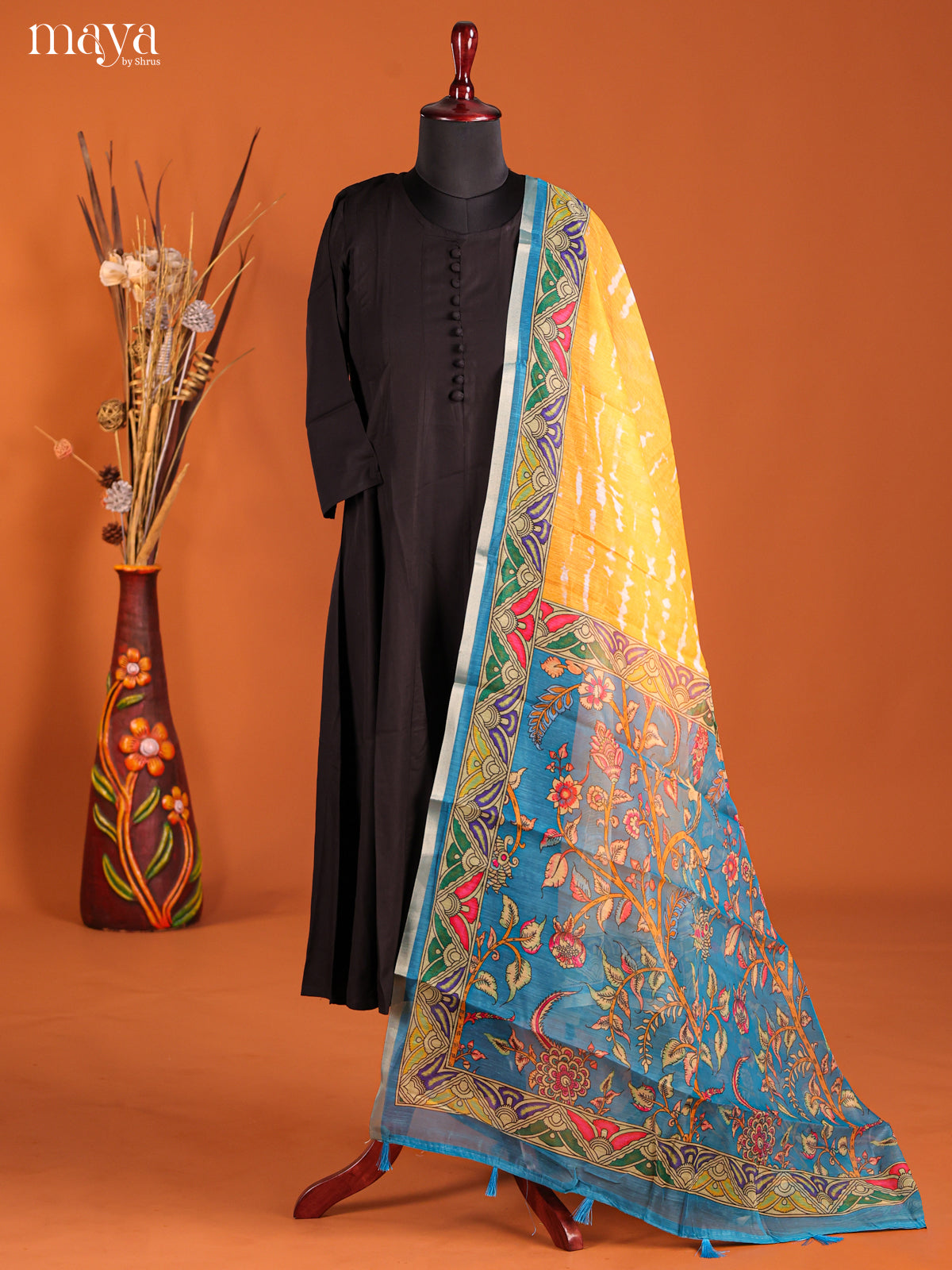 Yellow & Blue -Semi Maheshwari Print Dupatta