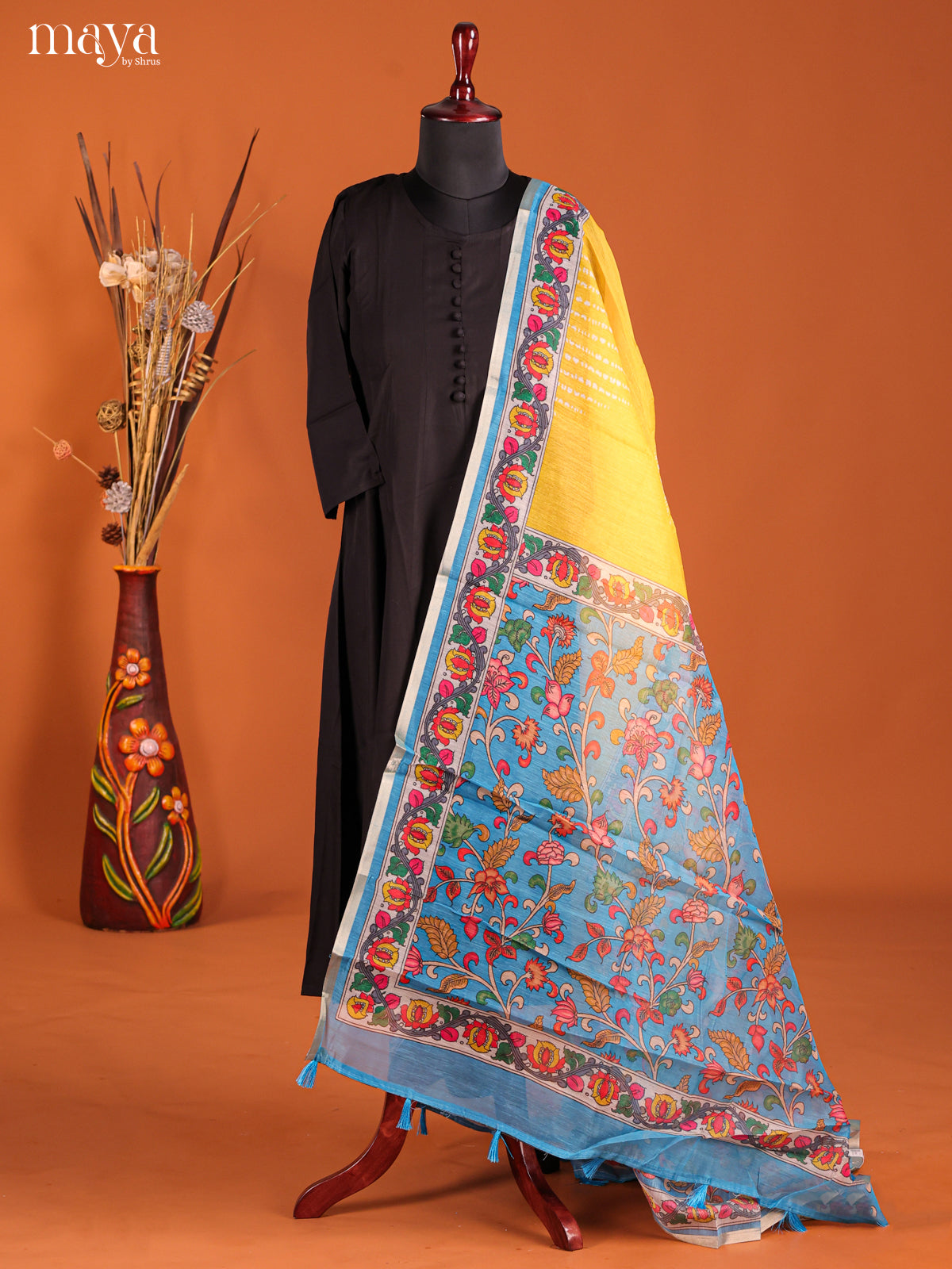 Yellow & Blue -Semi Maheshwari Print Dupatta