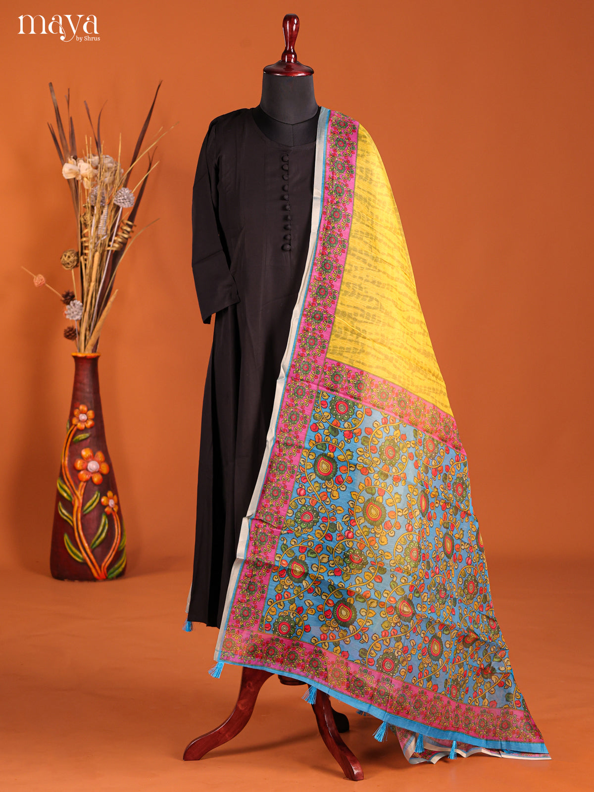 Yellow & Blue -Semi Maheshwari Print Dupatta