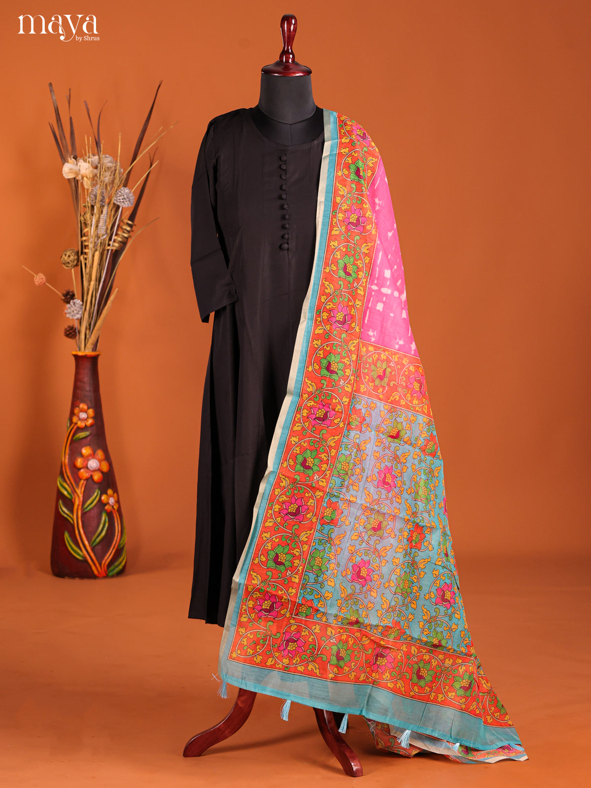 Pink & Orange-Semi Maheshwari Print Dupatta