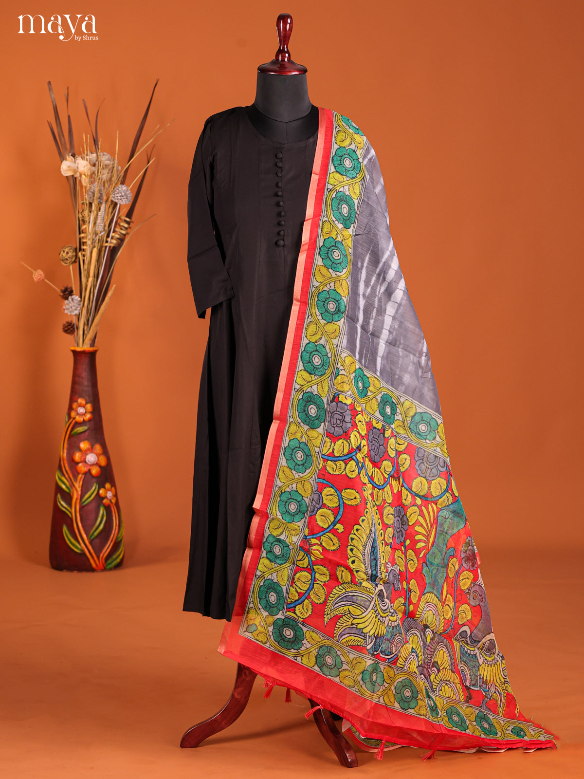 Grey & Red -Semi Maheshwari Print Dupatta