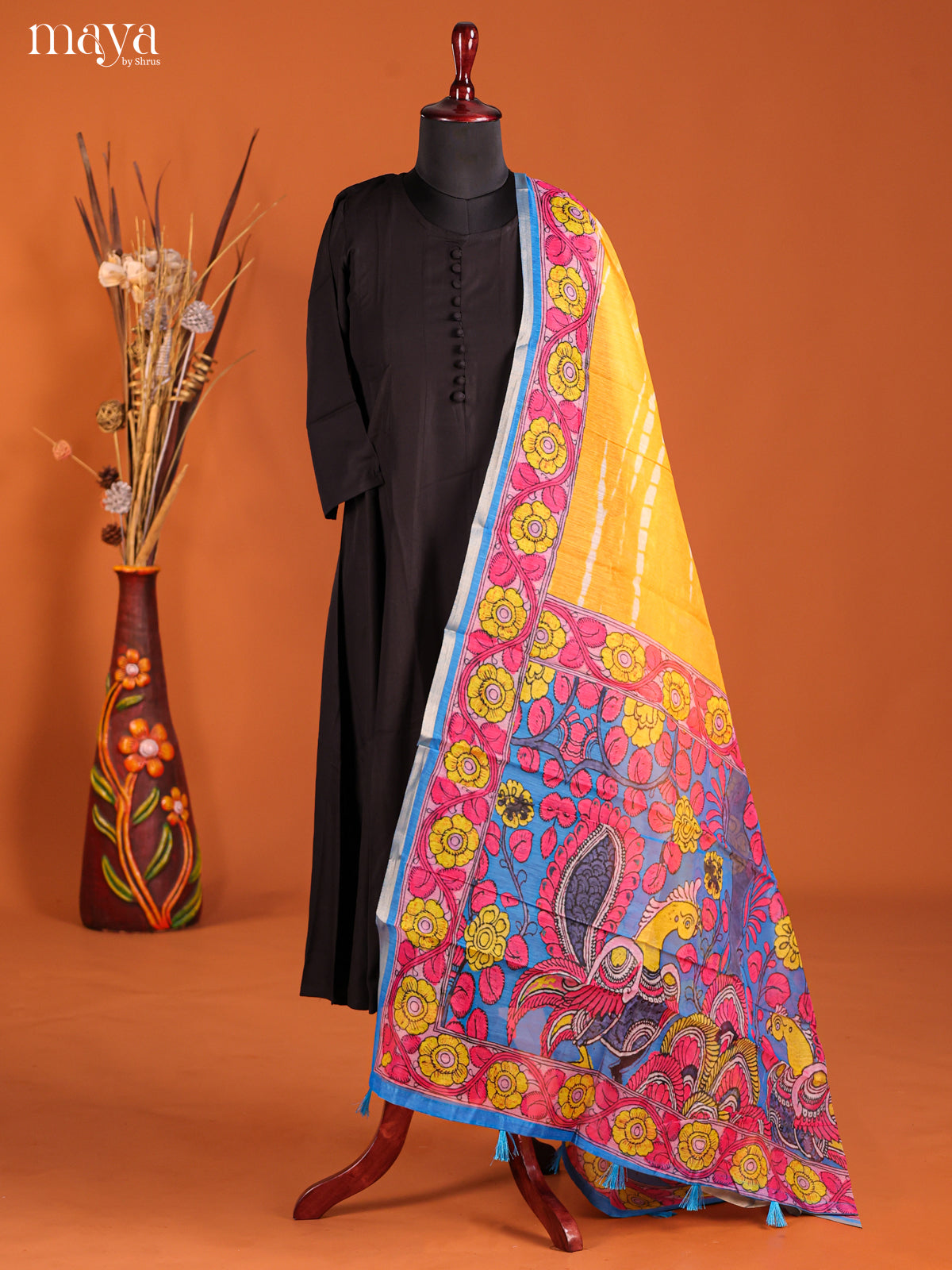 Yellow & pink -Semi Maheshwari Print Dupatta