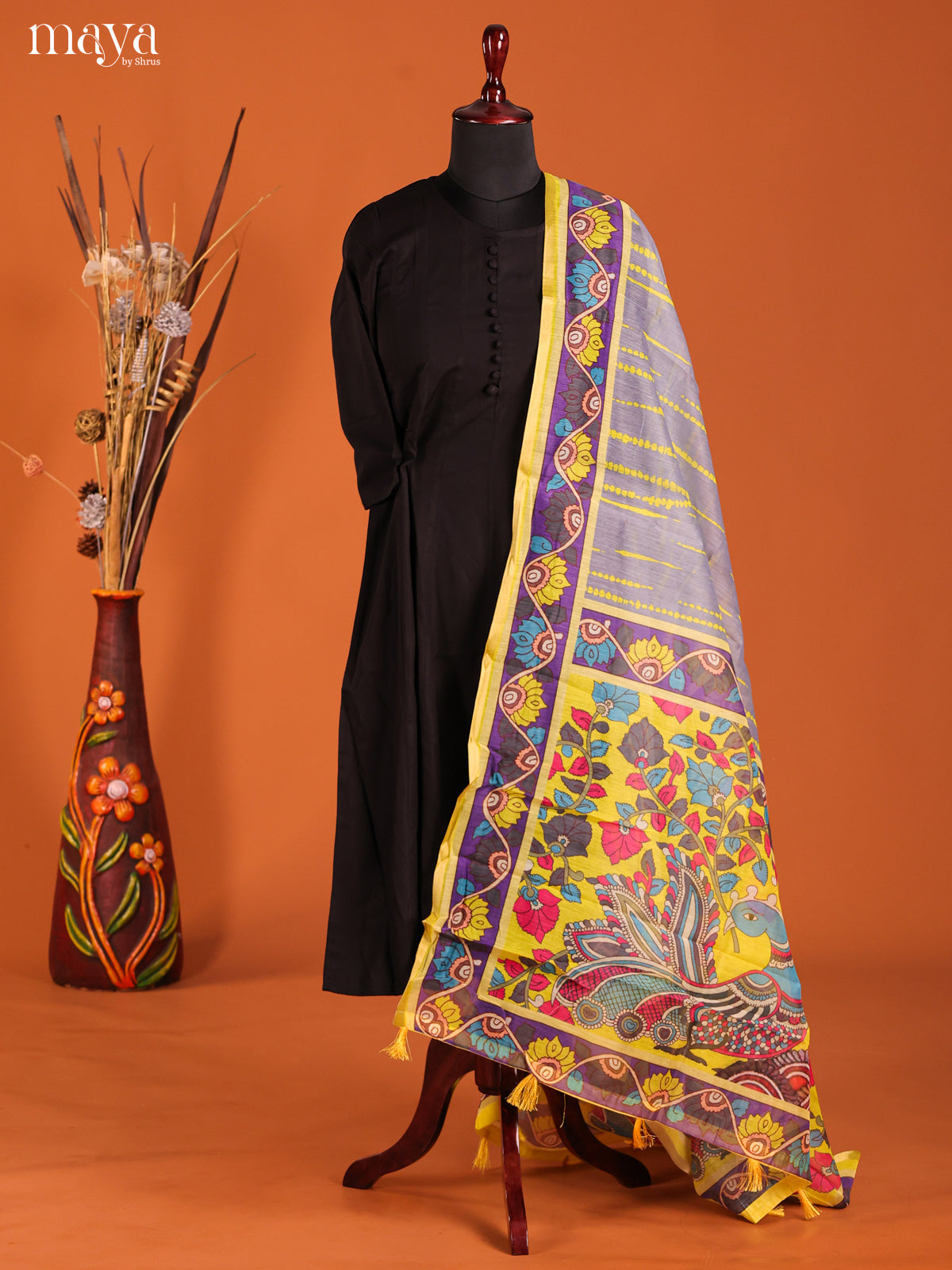 Grey & yellow -Semi Maheshwari Print Dupatta