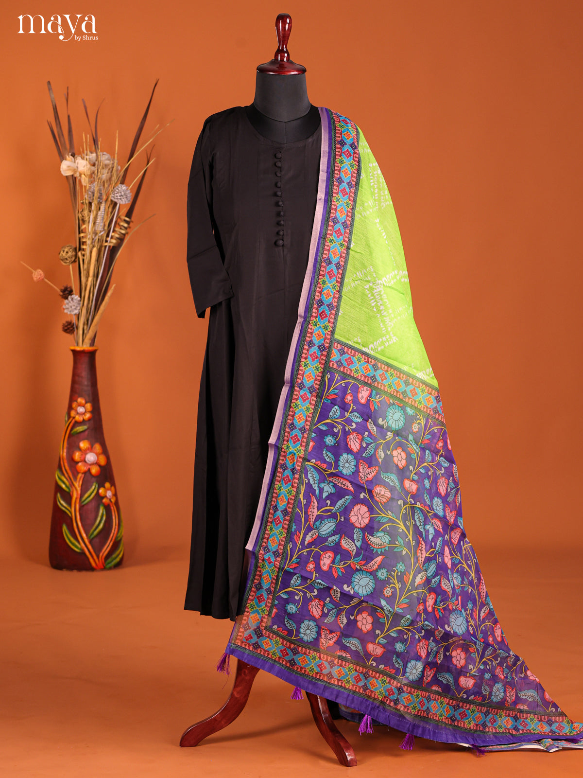 Green & Purple-Semi Maheshwari Print Dupatta