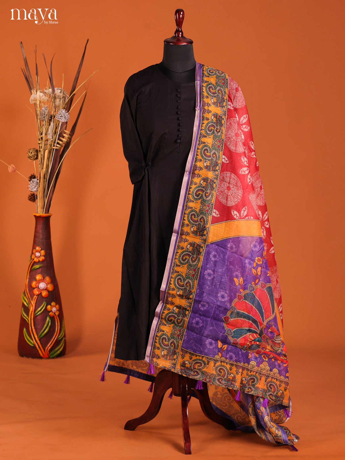 Red & Mustard-Semi Maheshwari Print Dupatta
