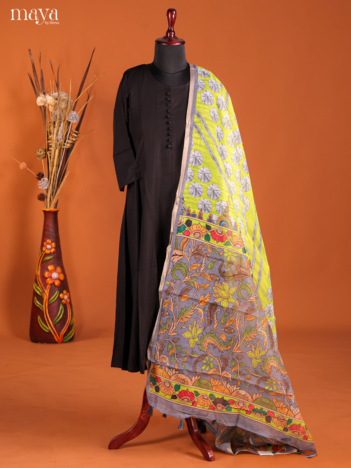 Fluorescent Green & Grey -Semi Maheshwari Print Dupatta