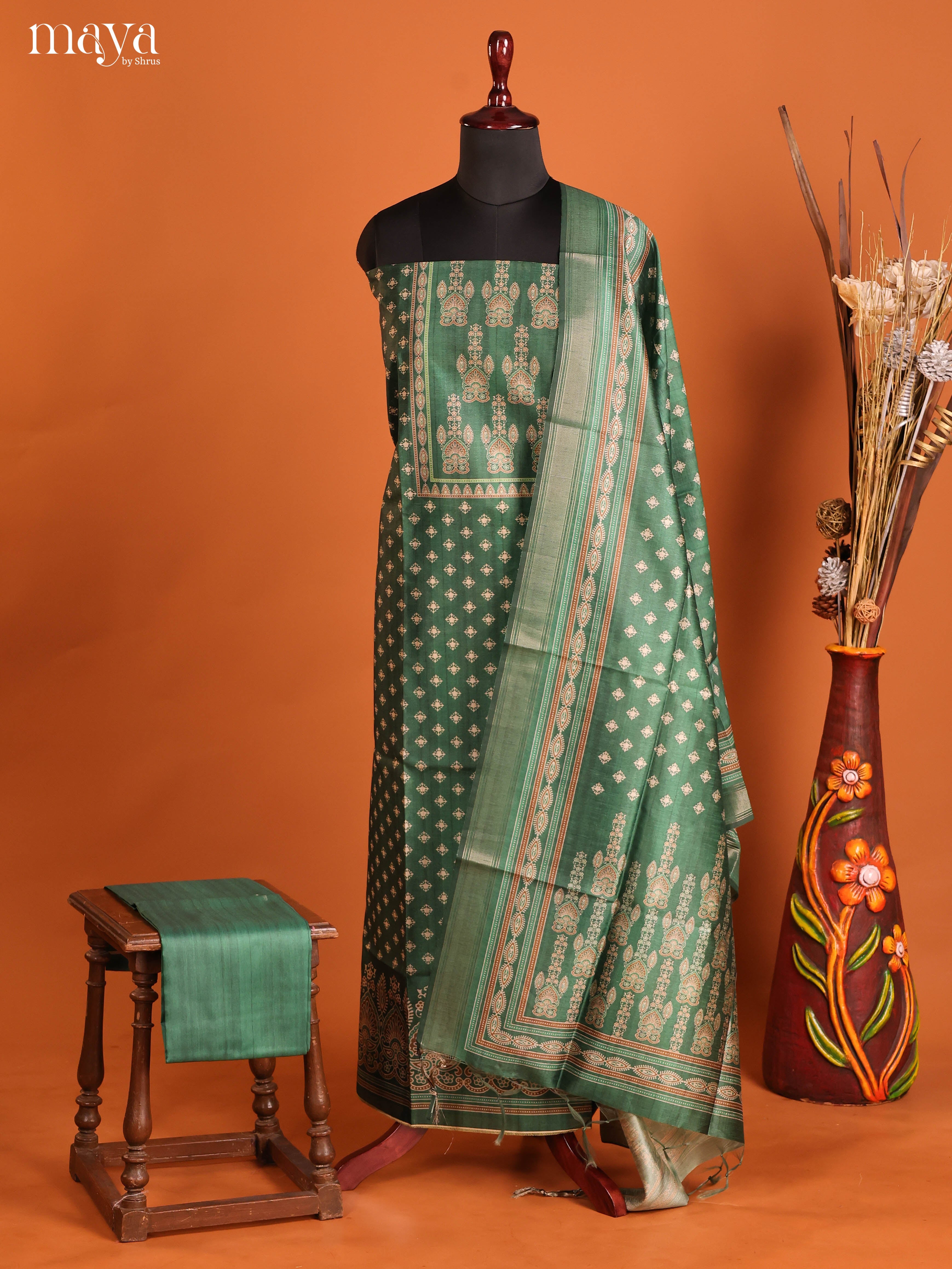 Green -Semi Tussar Salwar Unstitch