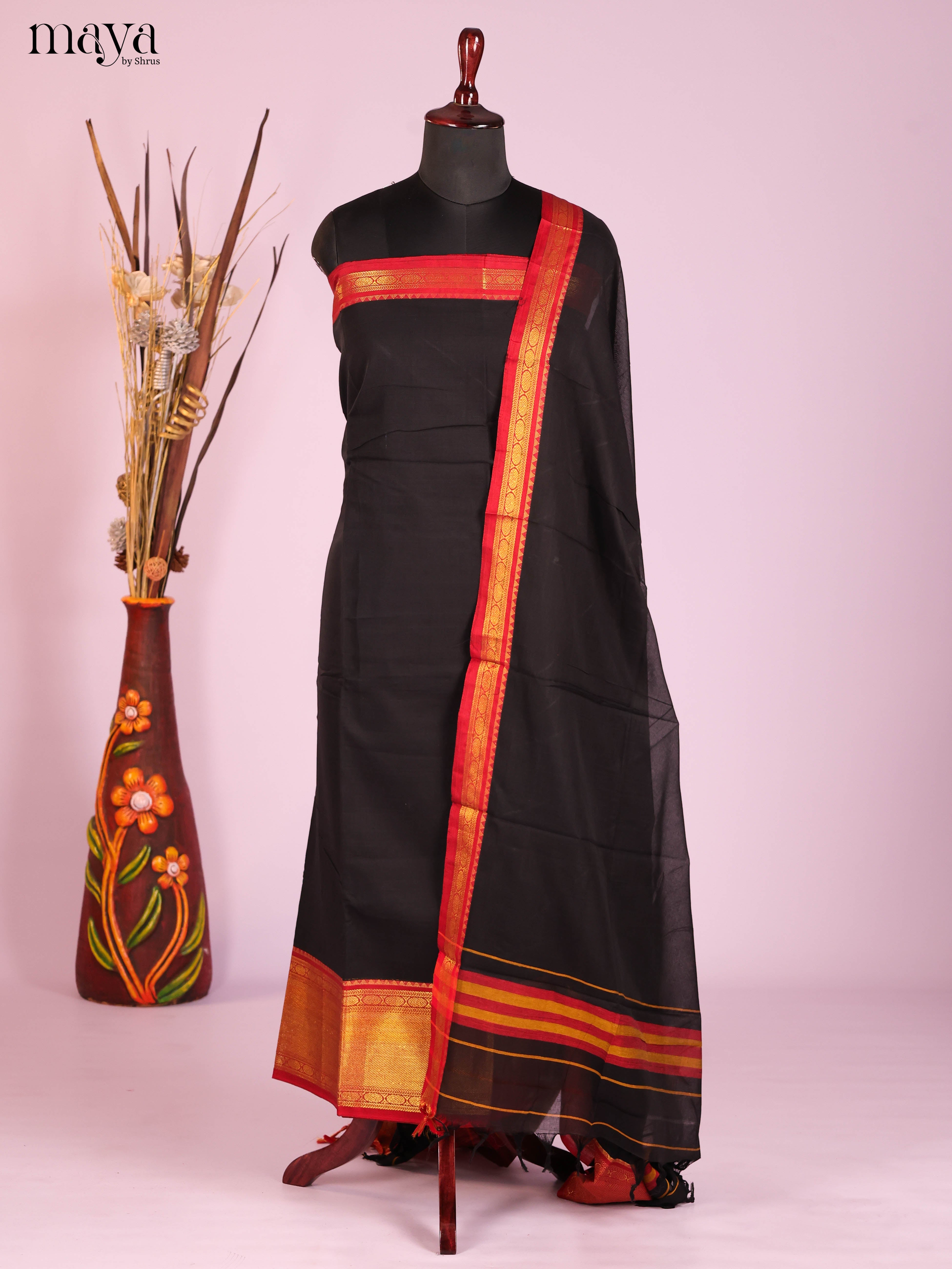 Black  & Red -Narayanpet top & dupatta combo