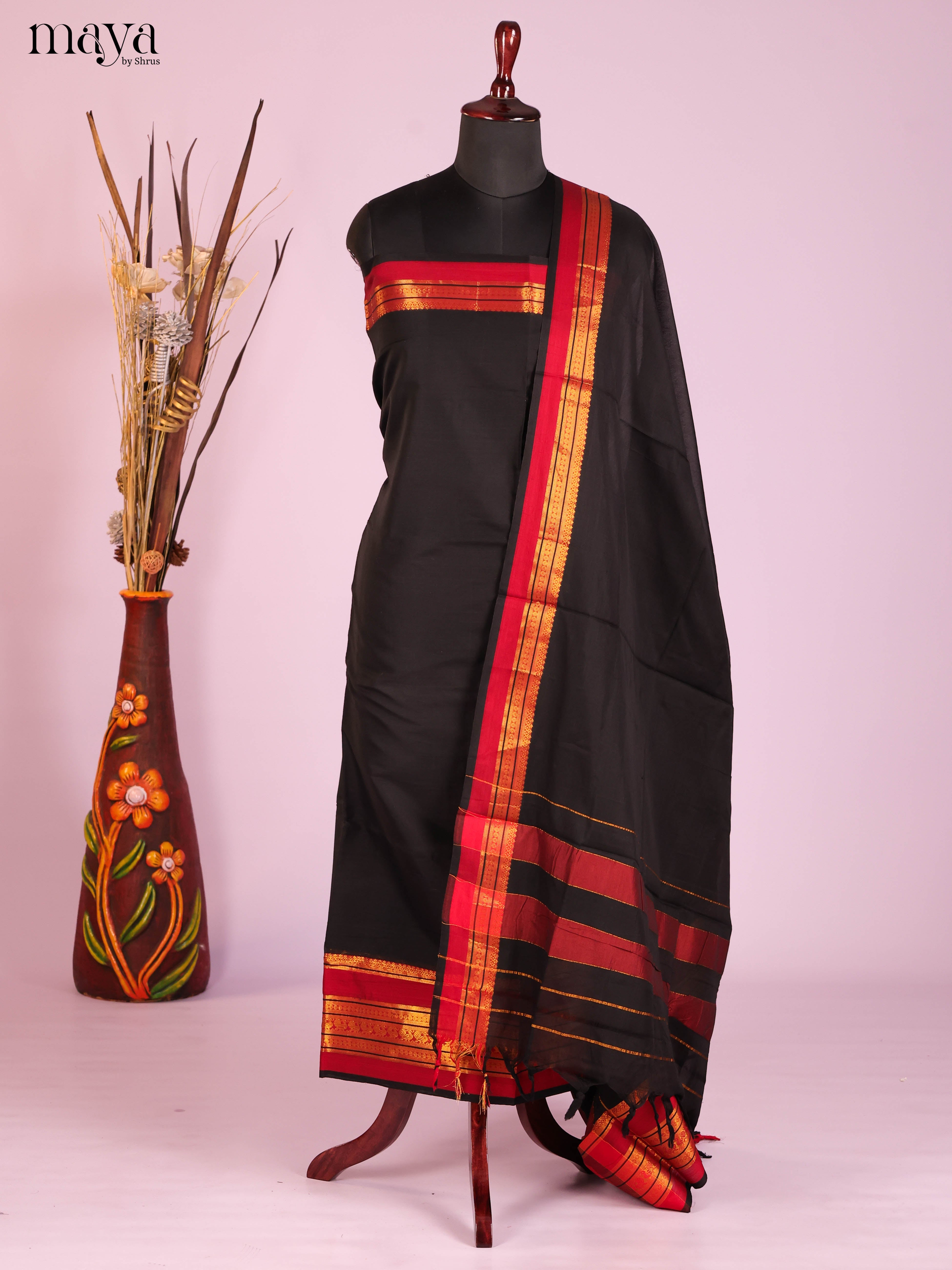 Black  & Red-Narayanpet top & dupatta combo