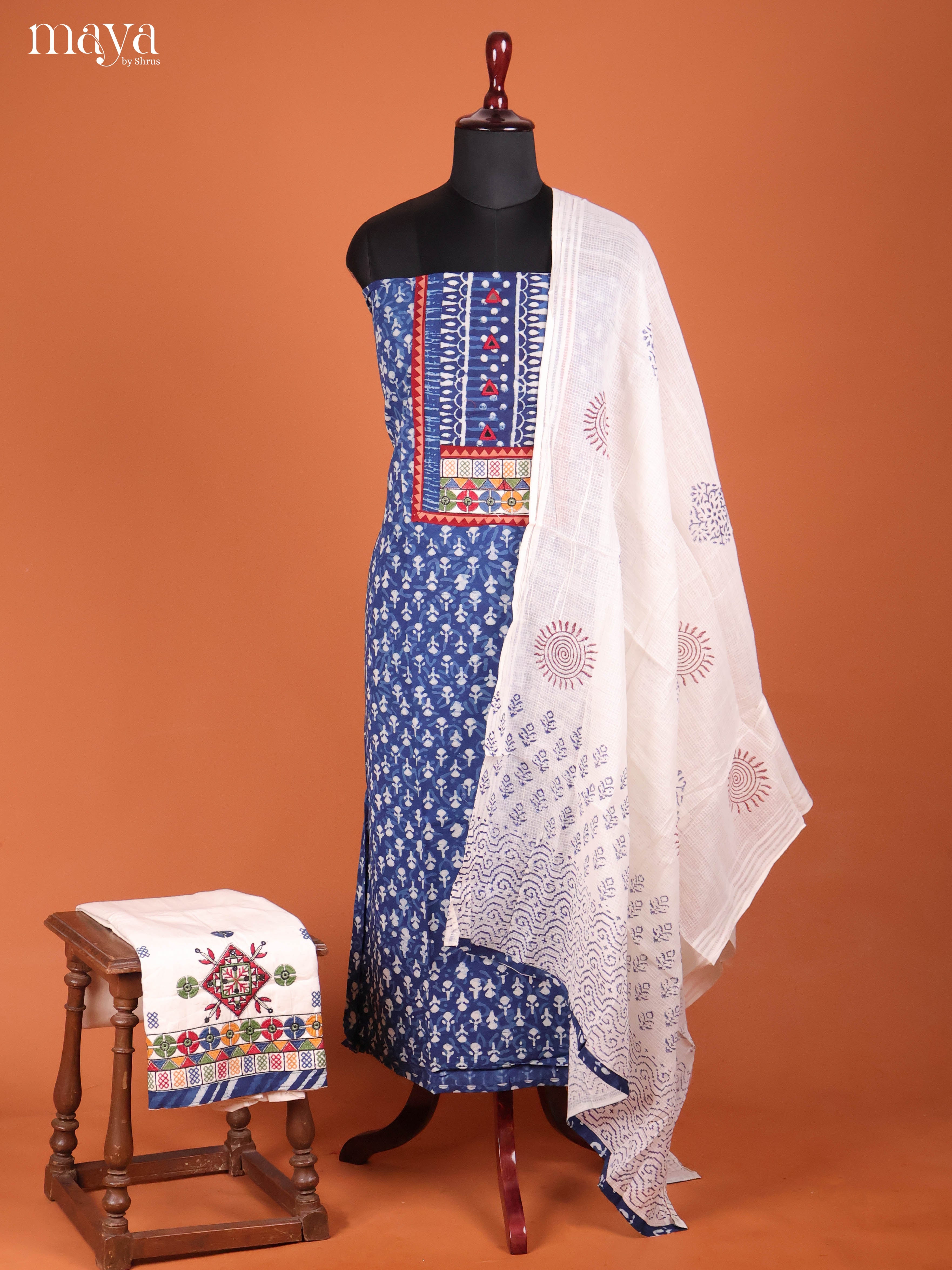 Indigo Blue & Cream-Ajrakh Salwar Unstitch