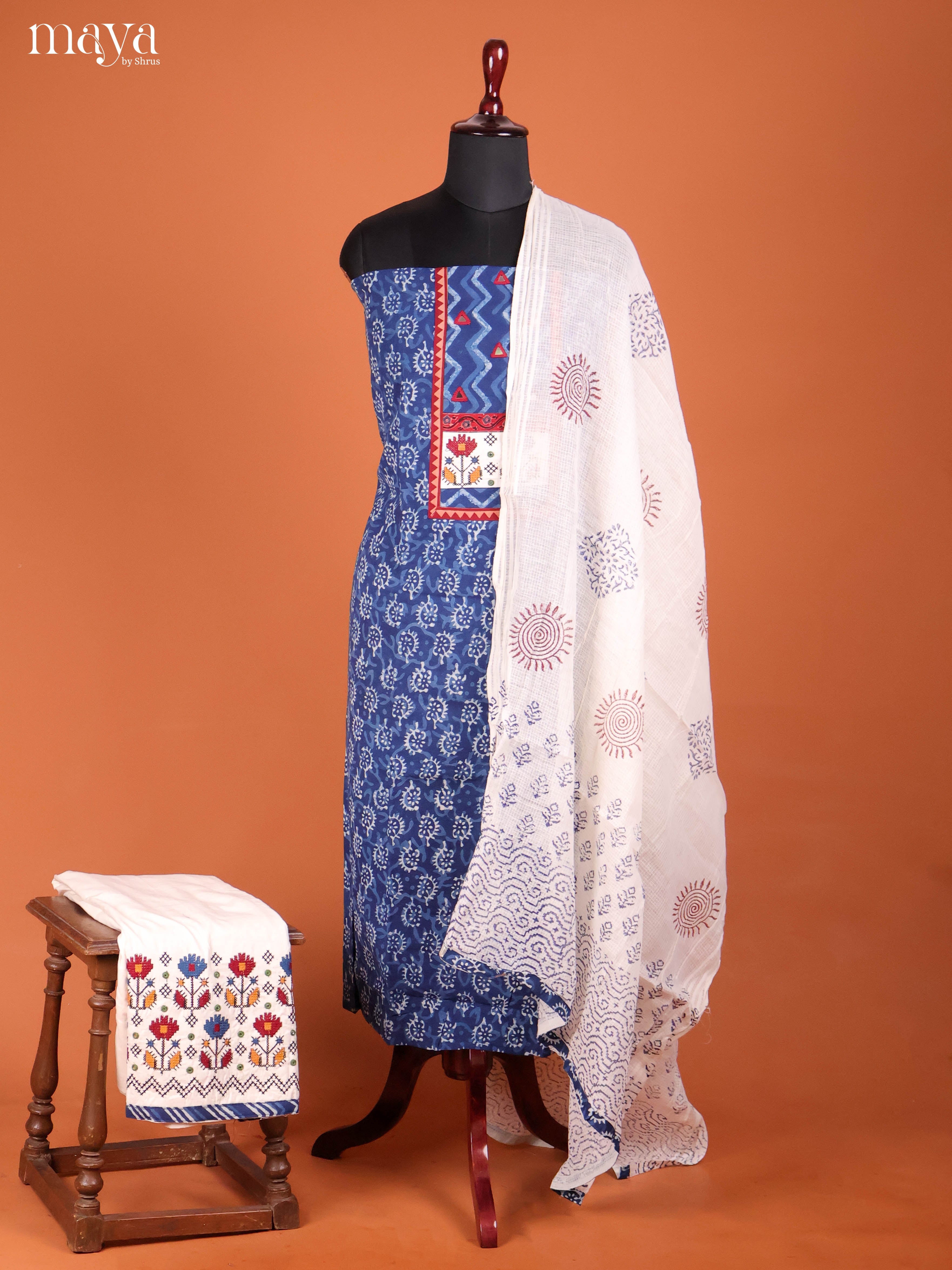 Indigo Blue & Cream-Ajrakh Salwar Unstitch