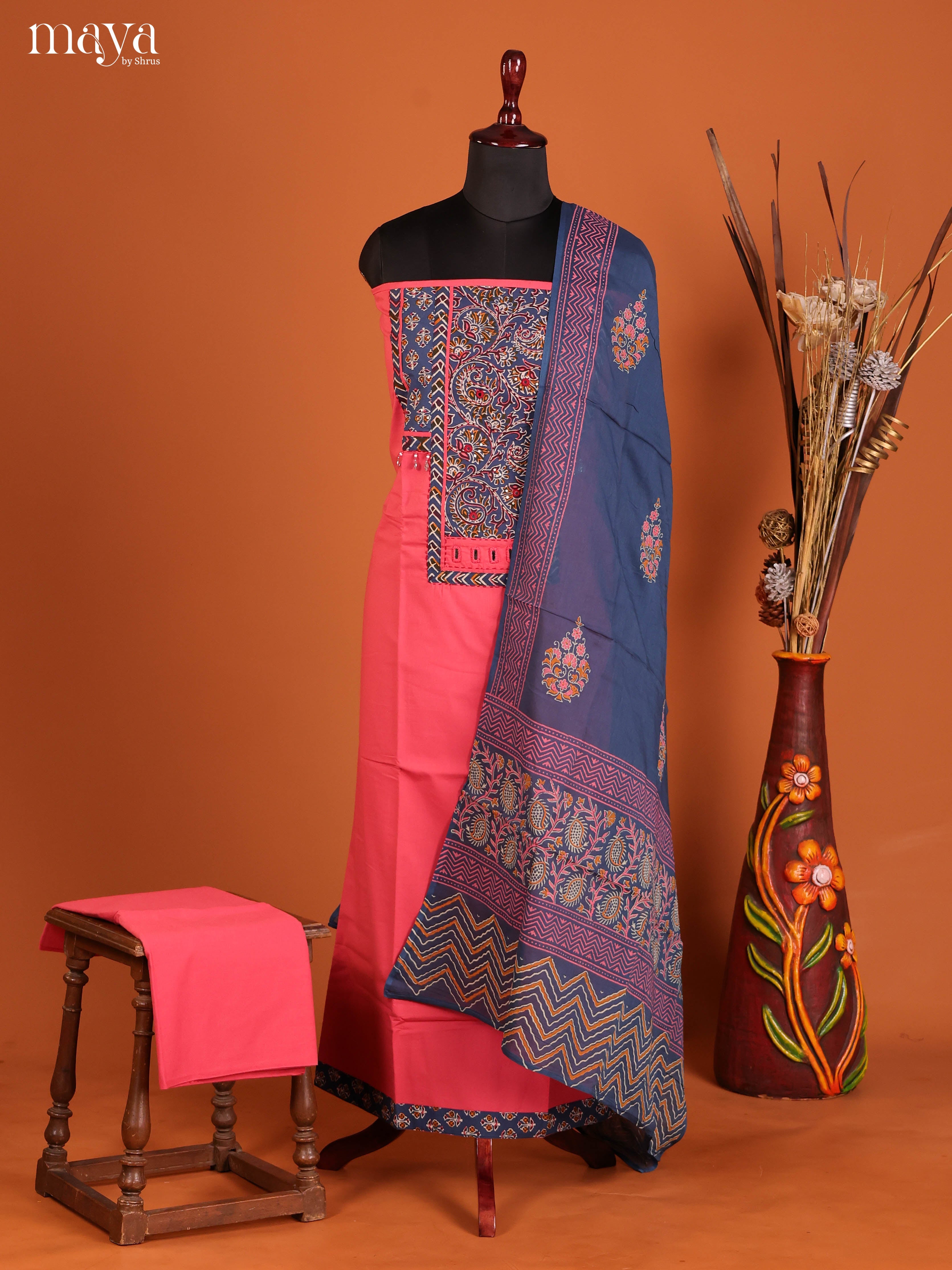 Pink & Blue -Ajrakh Salwar Unstitch