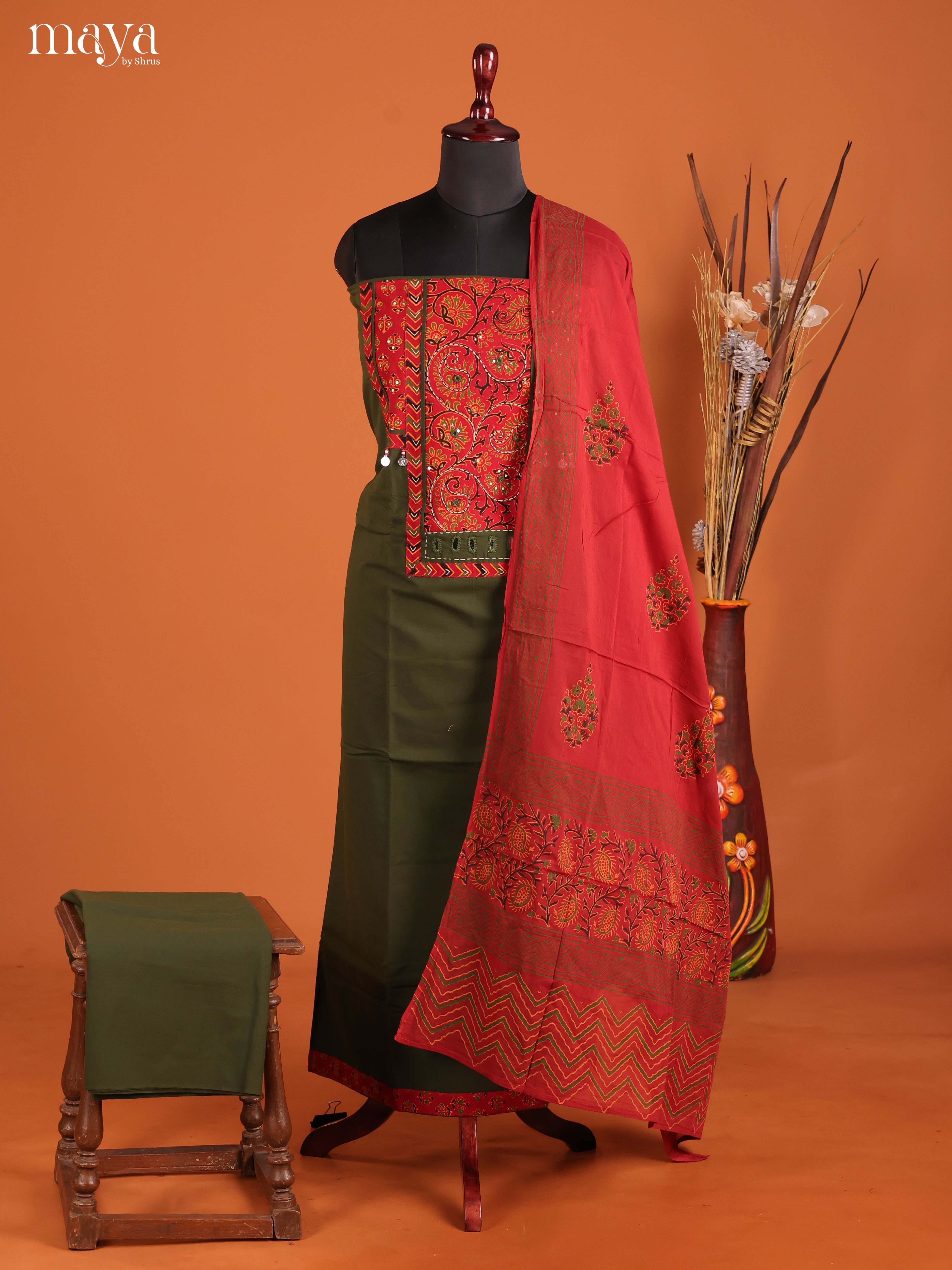 Green & Red-Ajrakh Salwar Unstitch