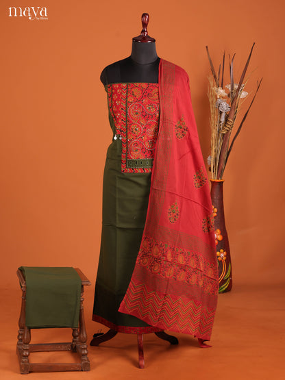 Green & Red-Ajrakh Salwar Unstitch