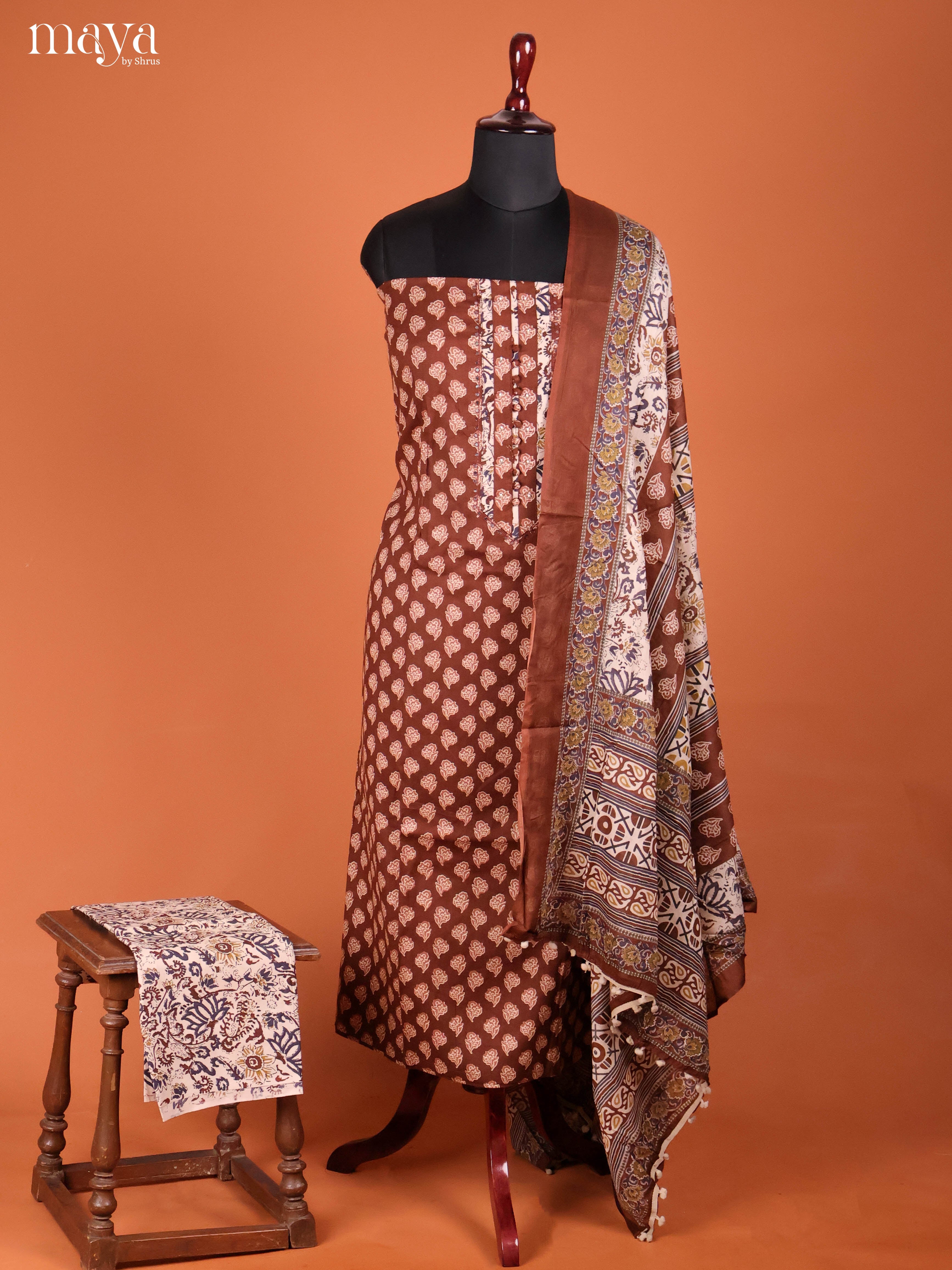 Brown & Cream-Chanderi salwar Unstitch