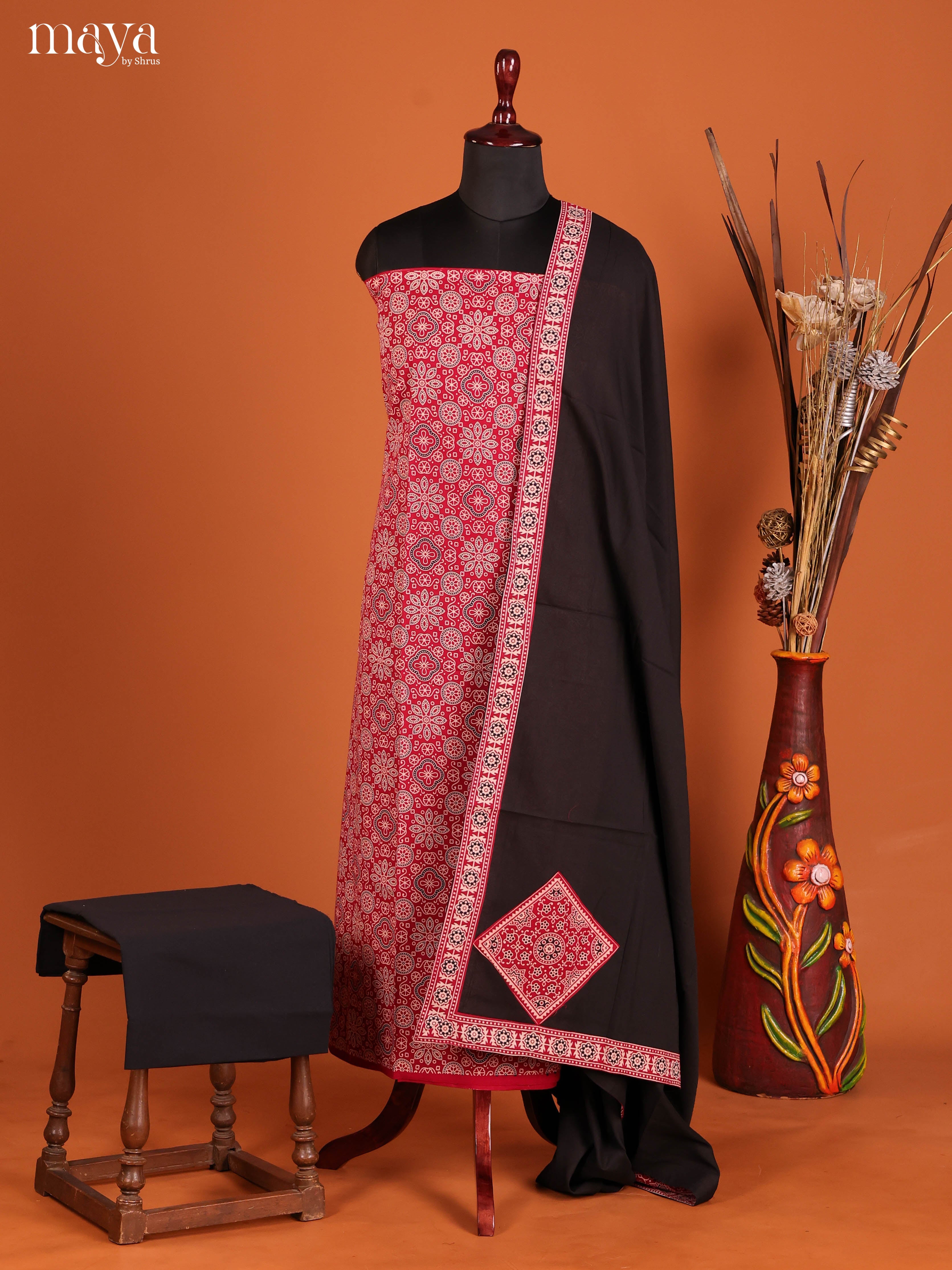 Red & Black -Ajrakh Salwar Unstitch
