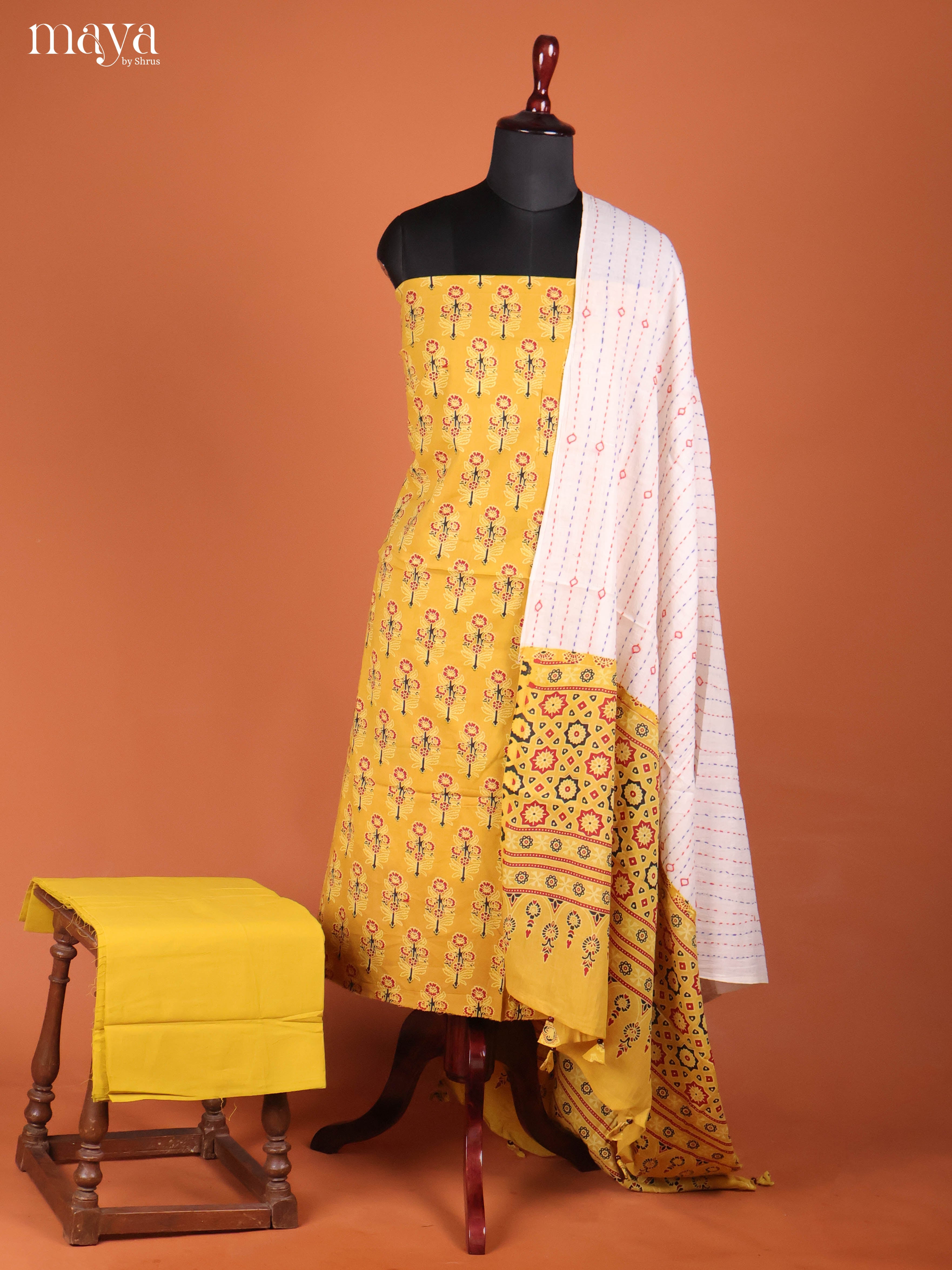 Yellow & Cream-Ajrakh Salwar Unstitch