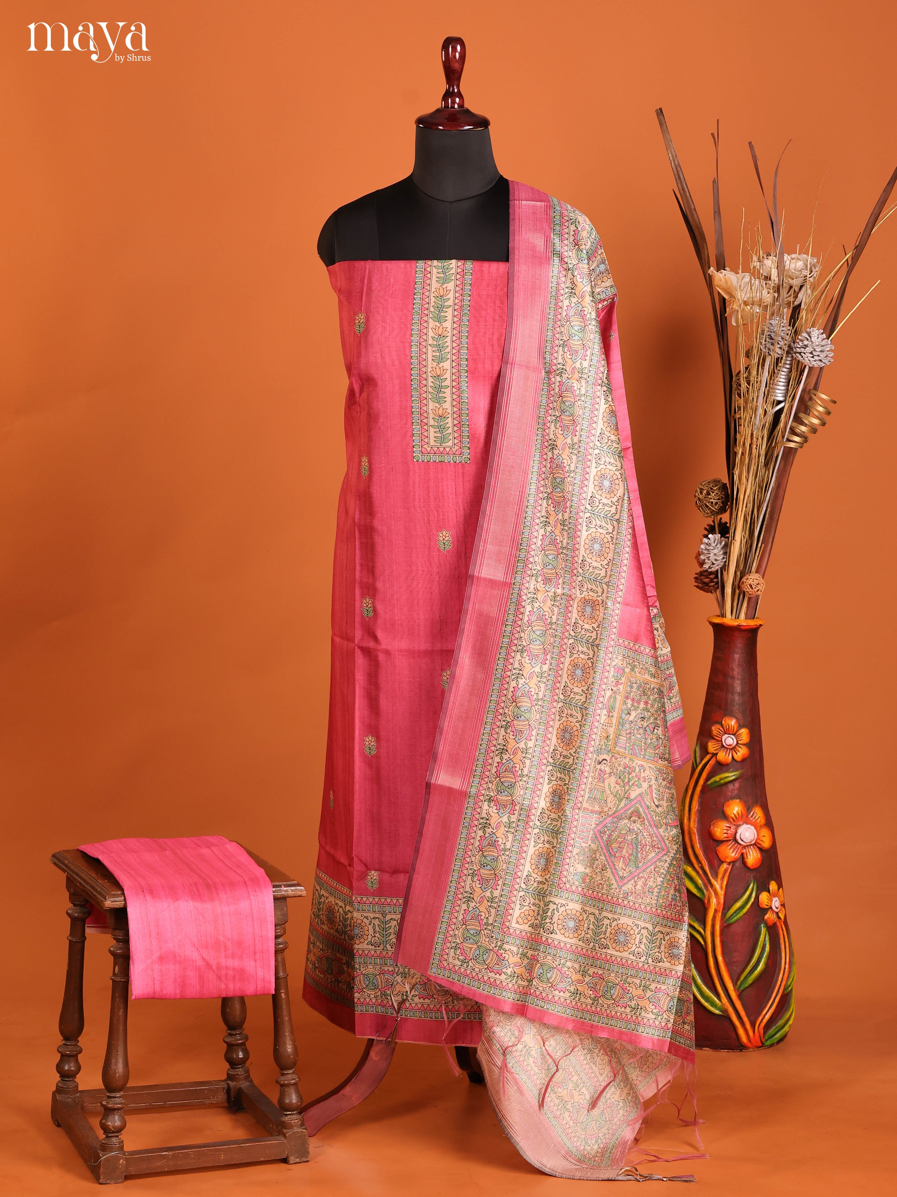 pink-Semi Tussar Salwar Unstitch