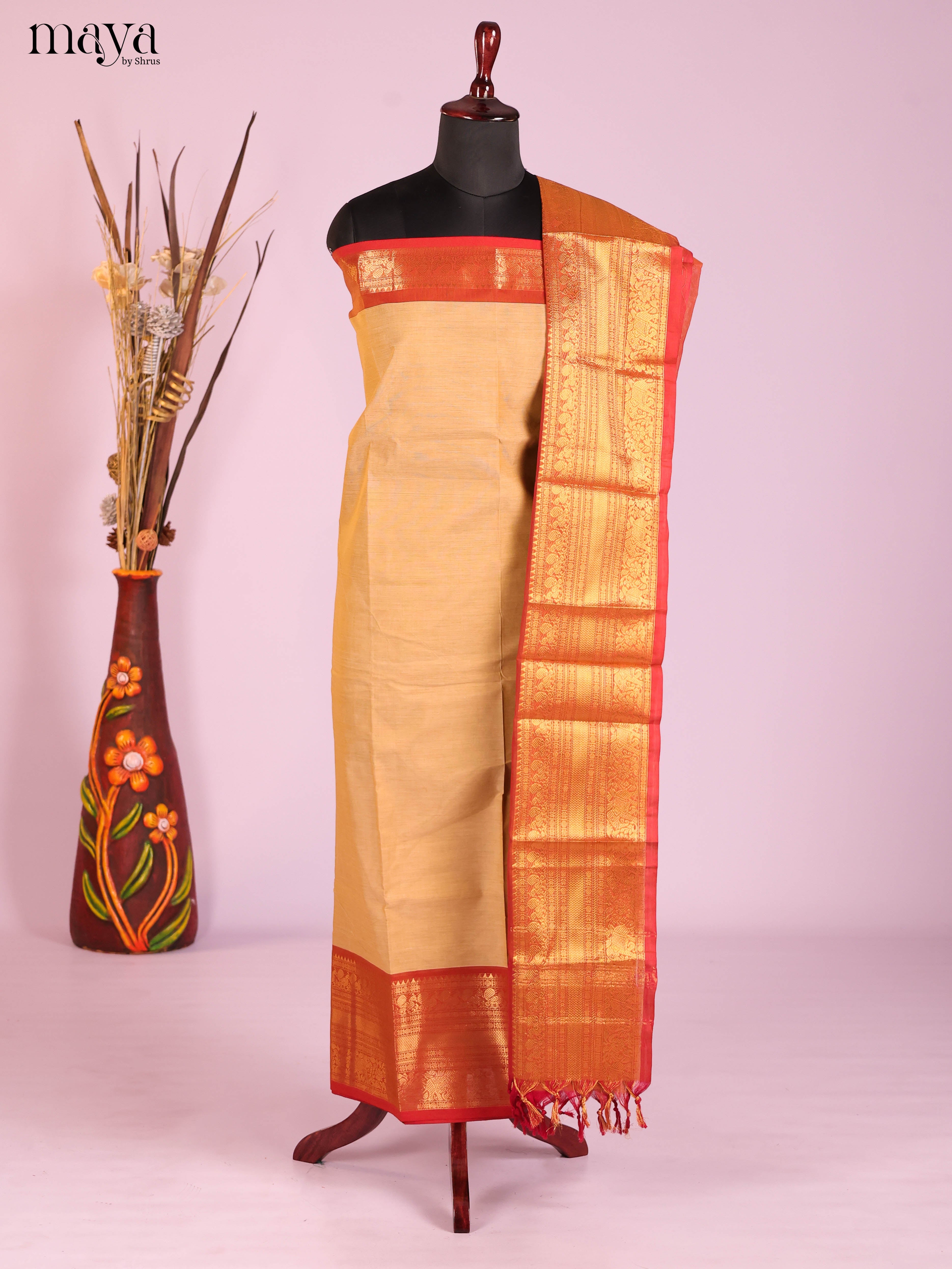 Beige & Red-chettinad top & dupatta combo