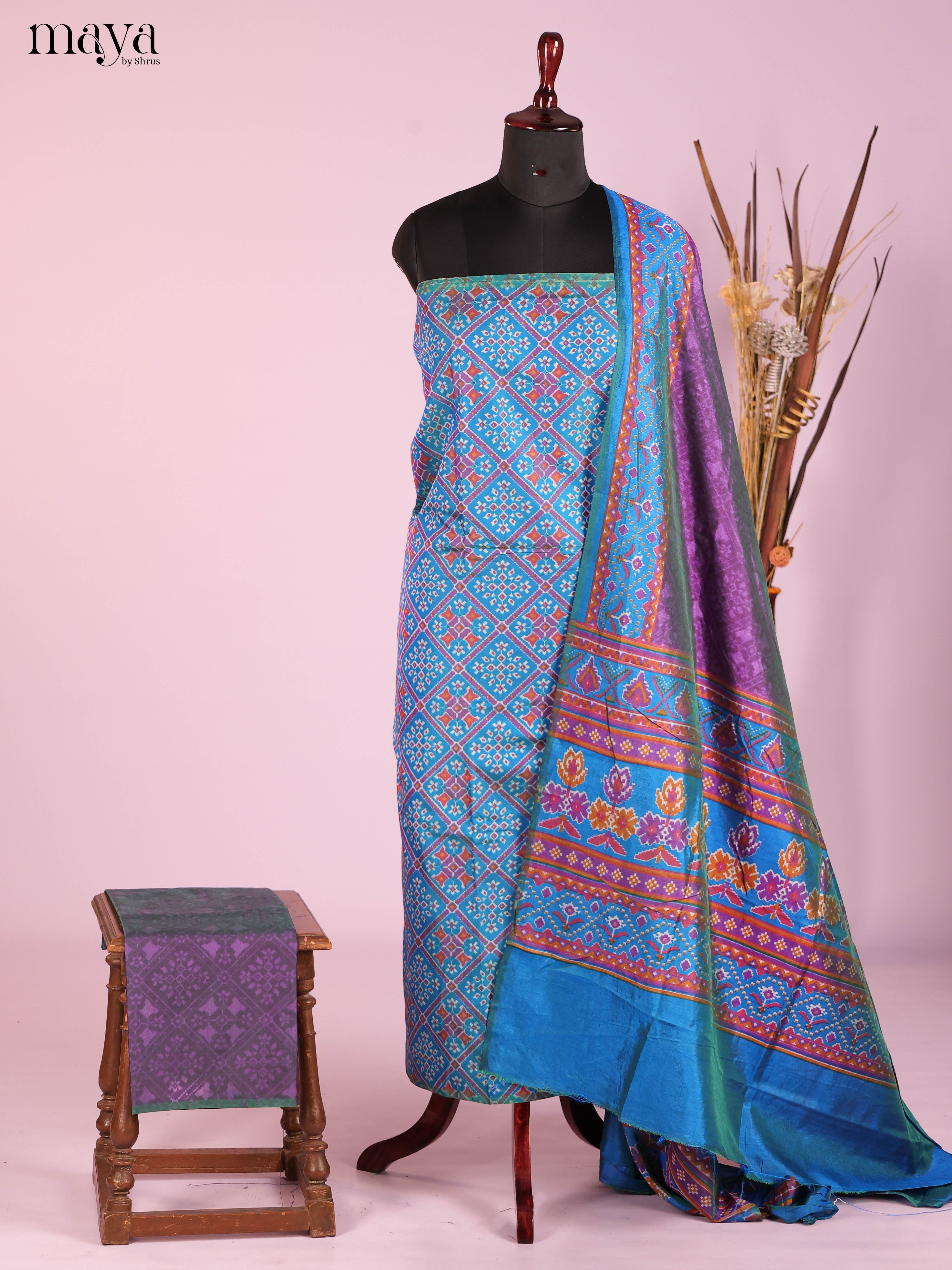 Blue  & Purple-Semi patola salwar unstitch