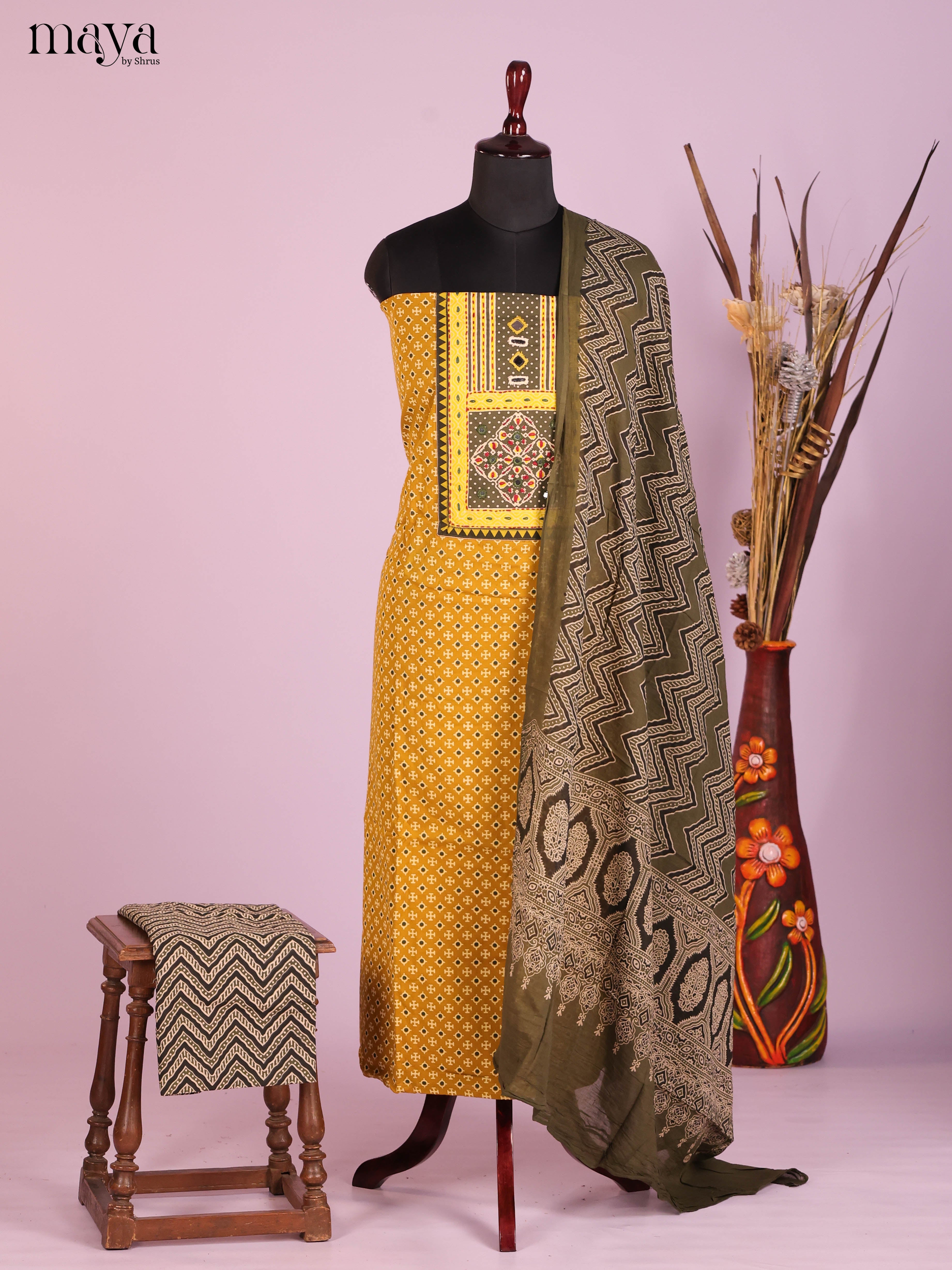 Mustard & Chutney Green-Ajrakh Salwar Unstitch