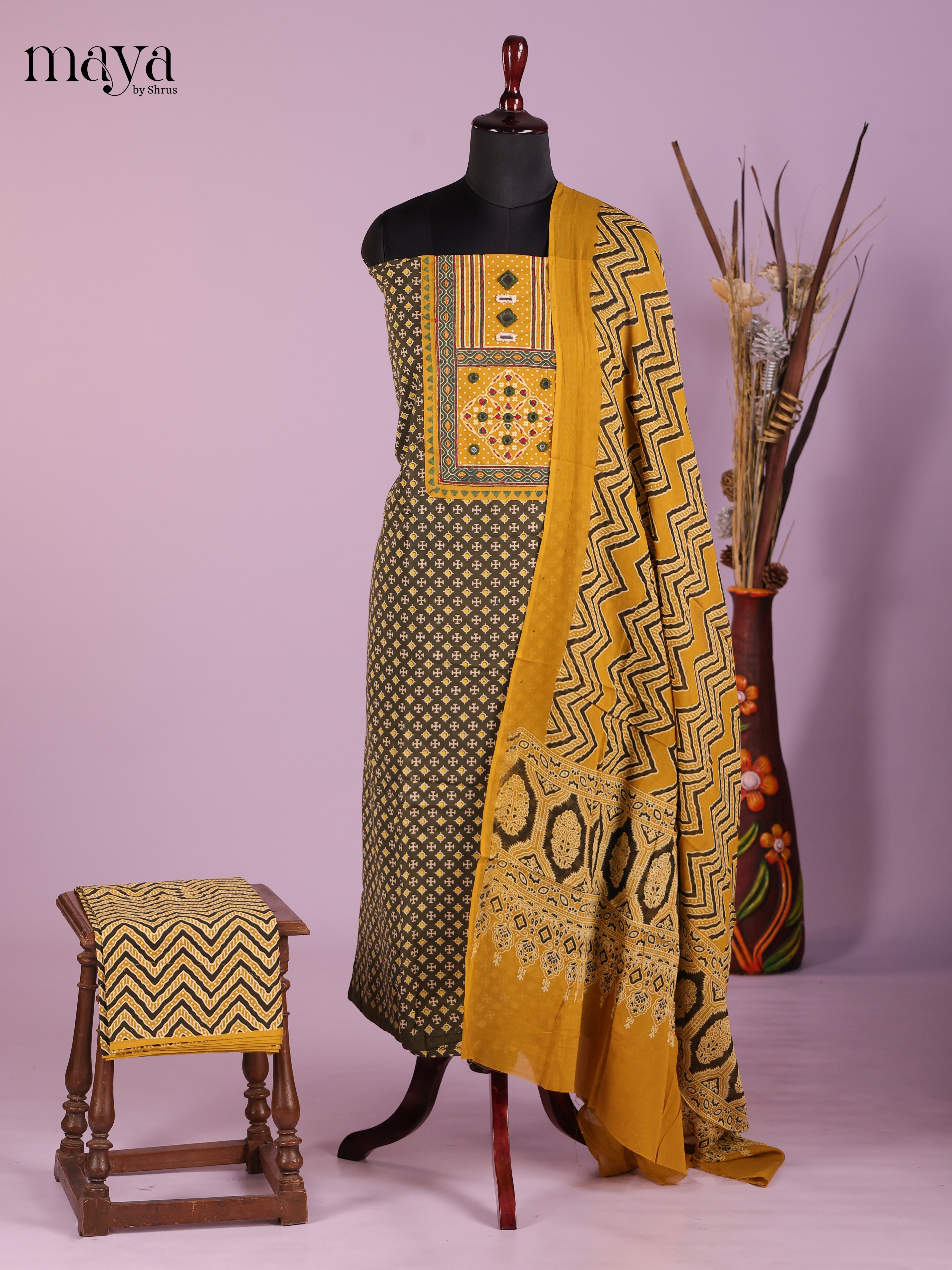 Green & Mustard -Ajrakh Salwar Unstitch