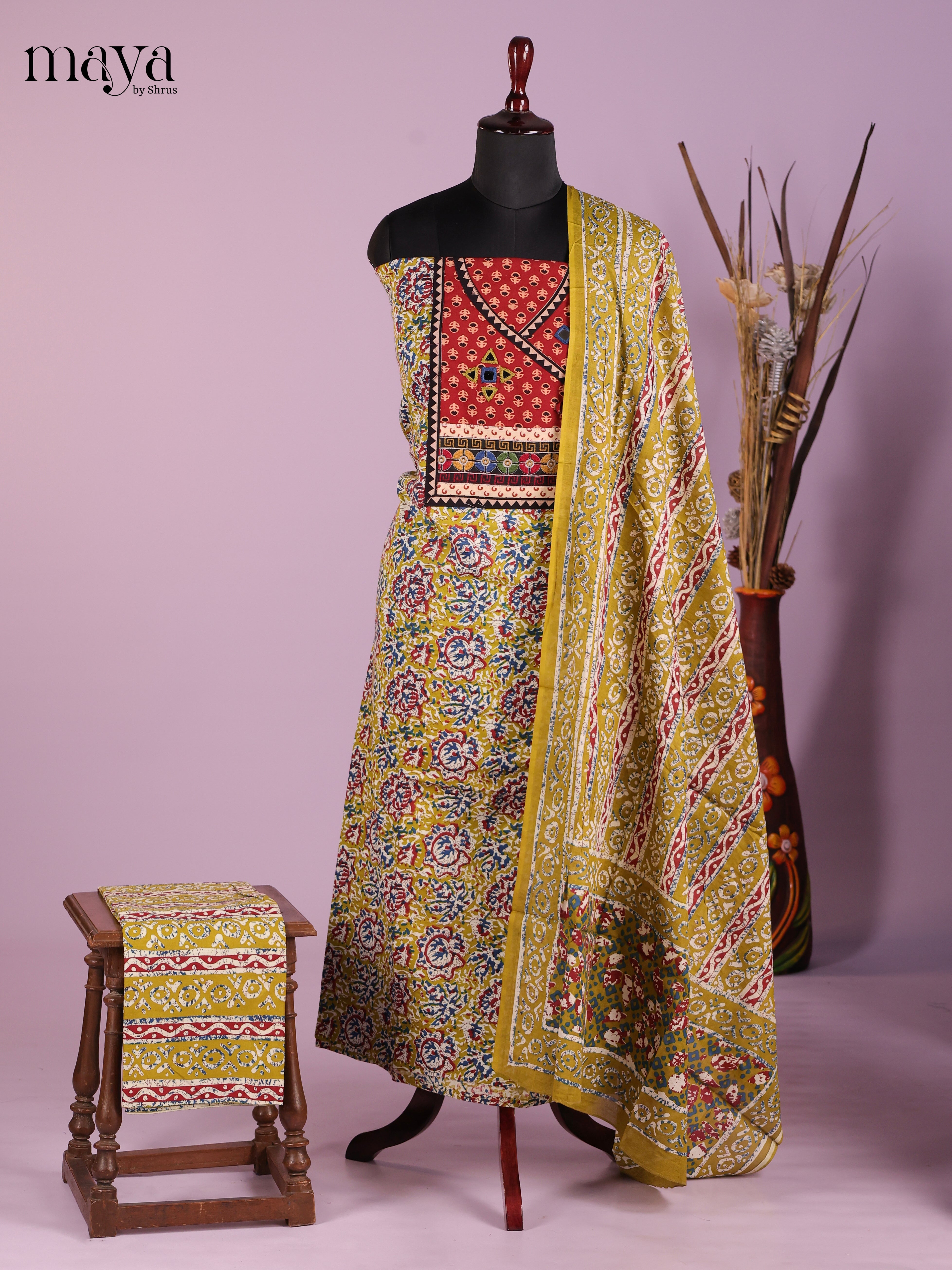 Mustardy Green & Red -Ajrakh Salwar Unstitch