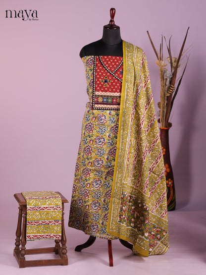 Mustardy Green & Red -Ajrakh Salwar Unstitch