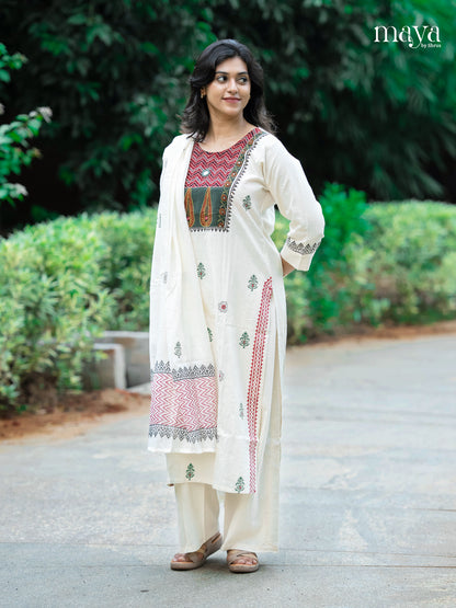 Exquisite White A-line Readymade Salwar Suit with Printed Design & Yoke Neck