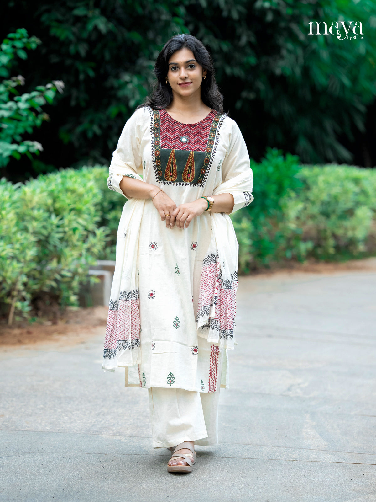 Exquisite White A-line Readymade Salwar Suit with Printed Design & Yoke Neck