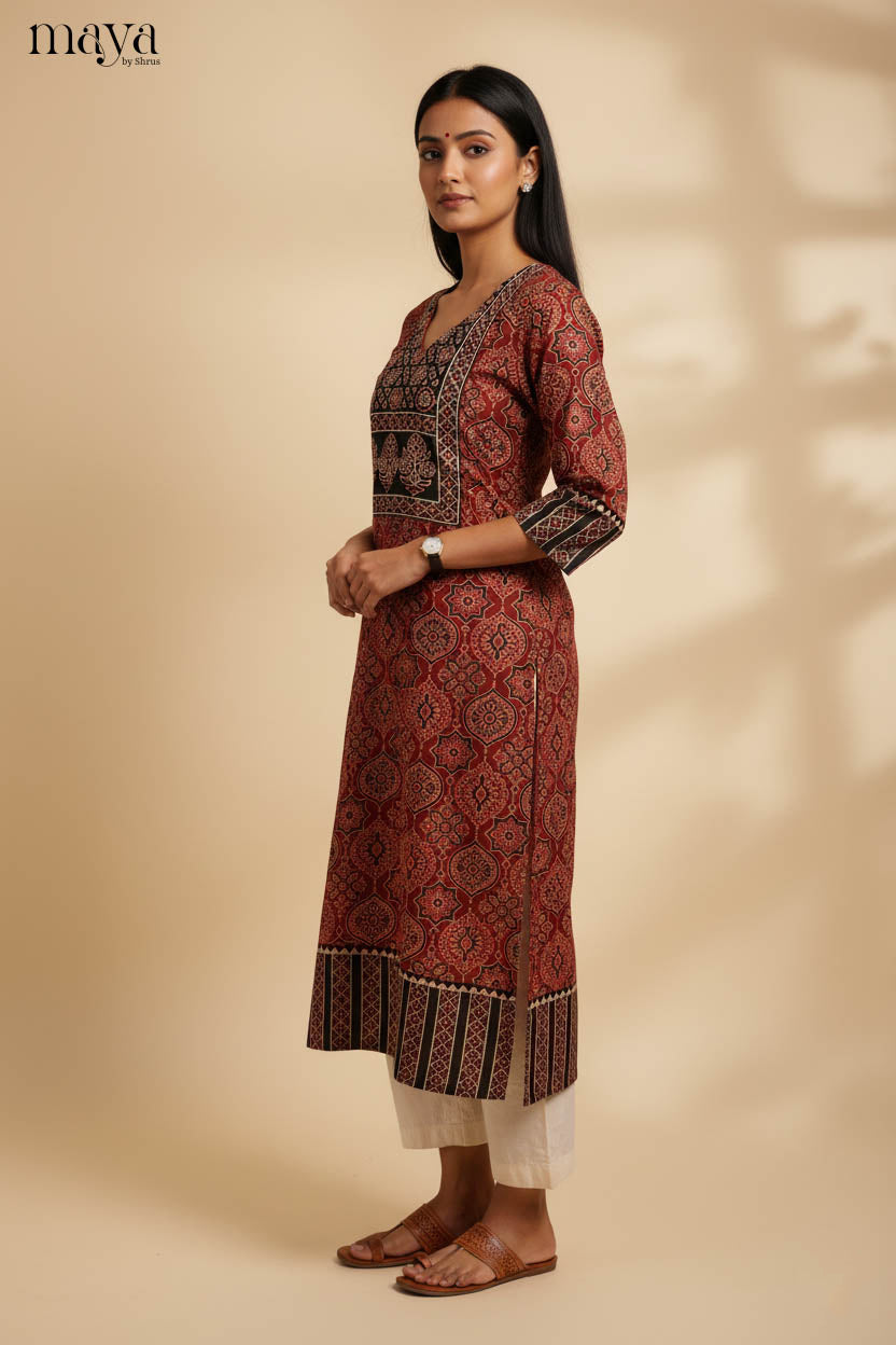 Red & Black Ajrakh Printed Readymade Kurti