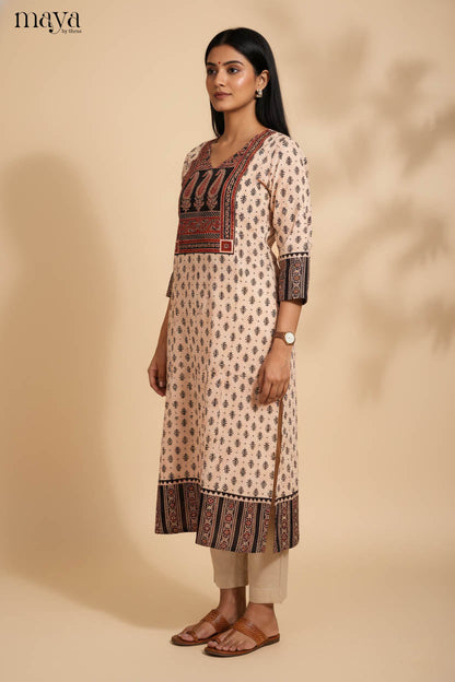 Cream & Black Ajrakh printed Readymade Kurti