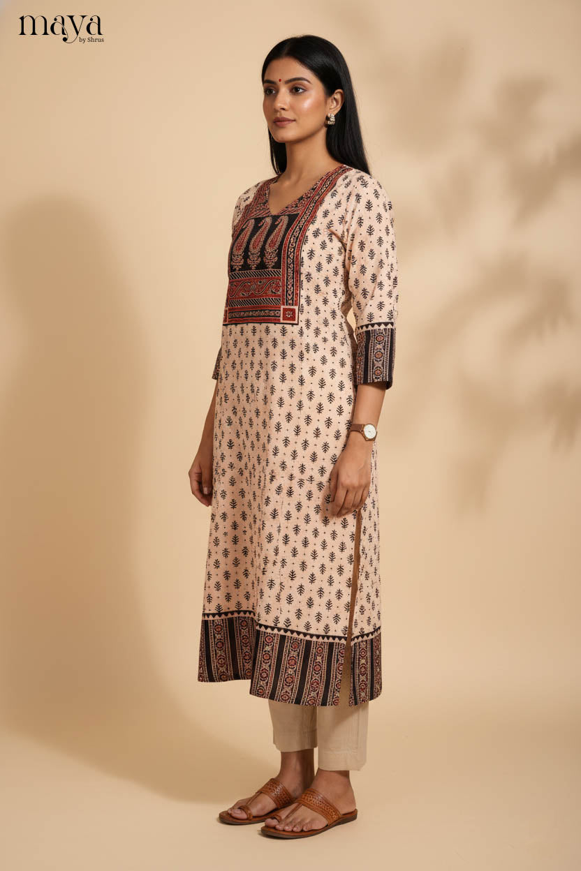 Cream & Black Ajrakh printed Readymade Kurti