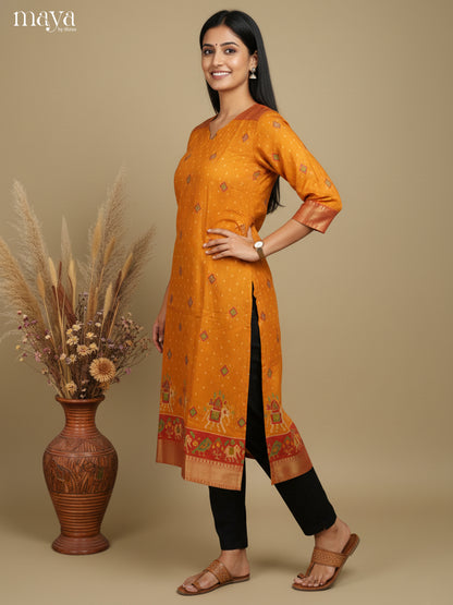 Luxurious Yellow Semi Patola Print Kurti with Silk Zari Border