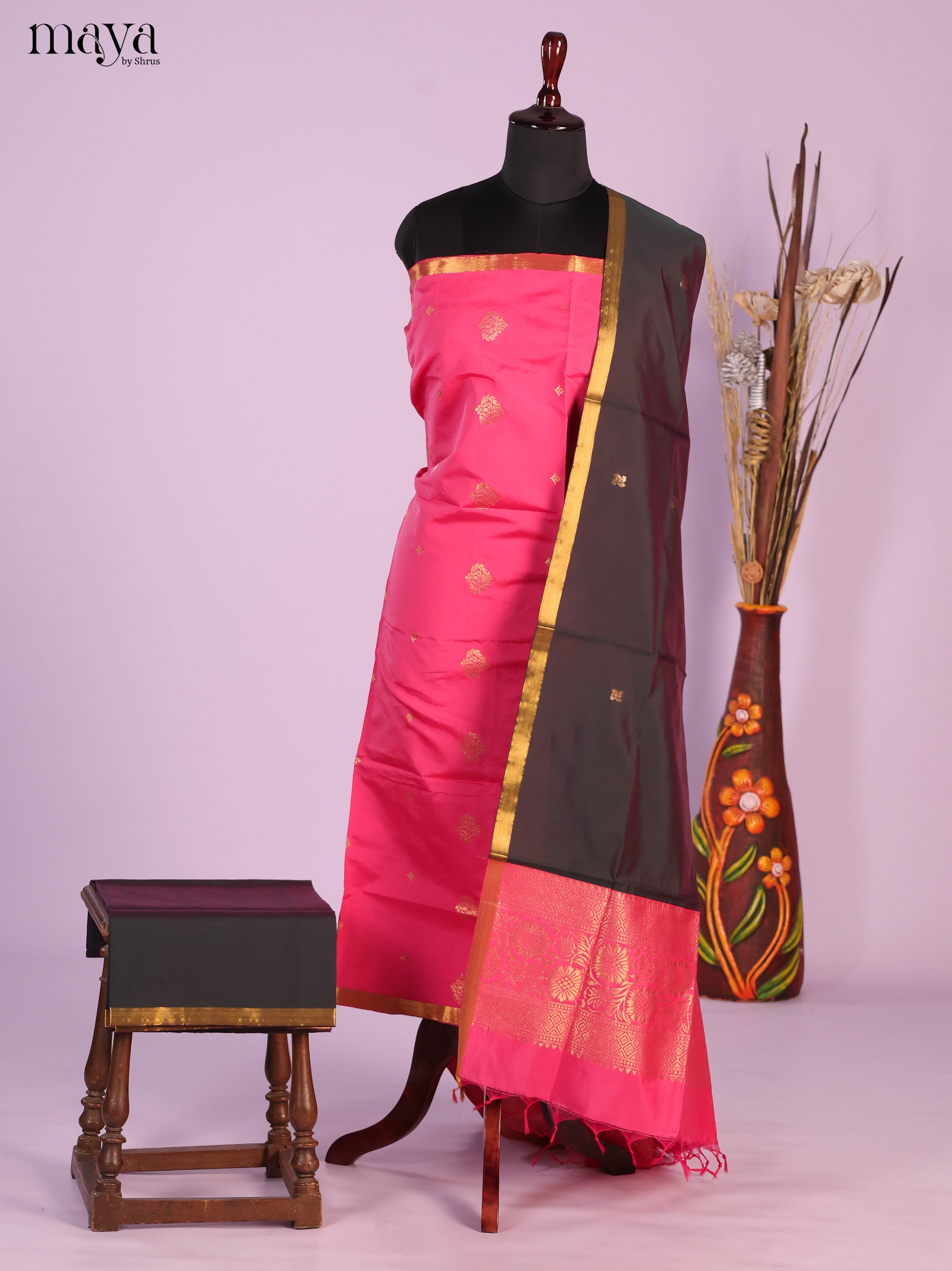 Pink & Black-semi softsilk salwar Unstitch