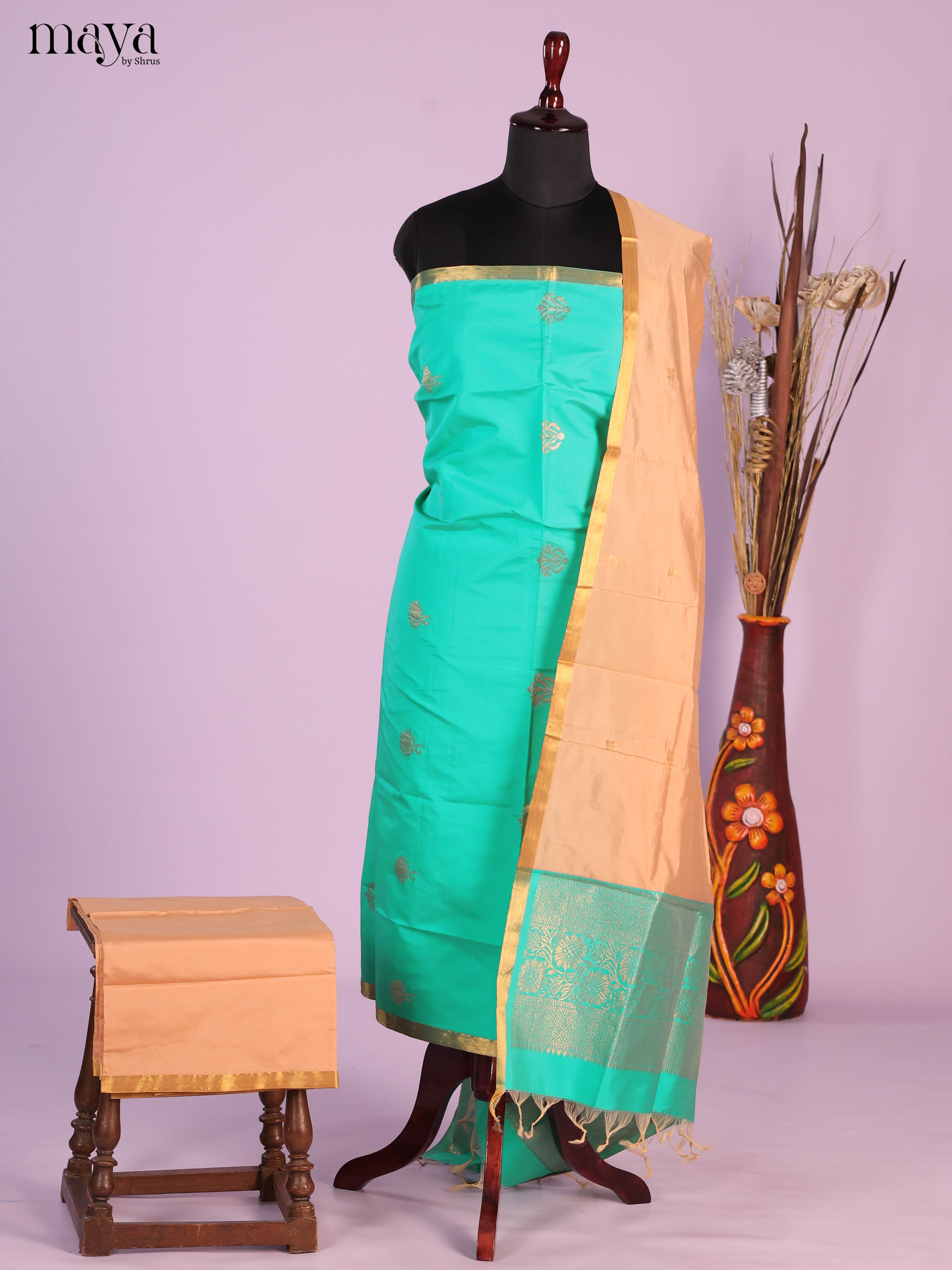 Teal & Cream-semi softsilk salwar Unstitch