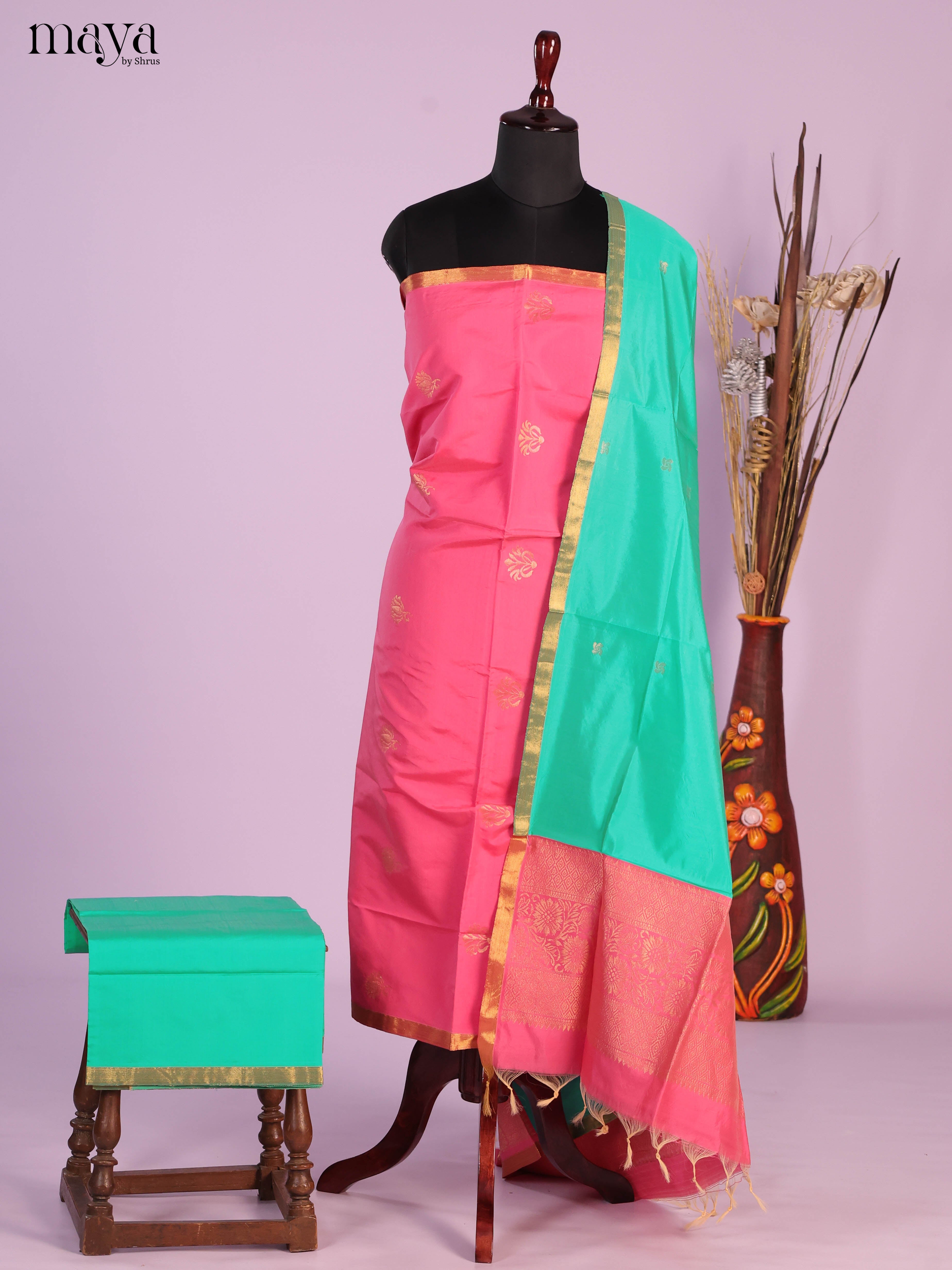 Pink & Teal-semi softsilk salwar Unstitch
