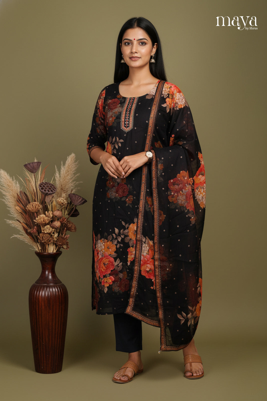 Black- Floral printed Readymade 3 Piece Salwar Suit