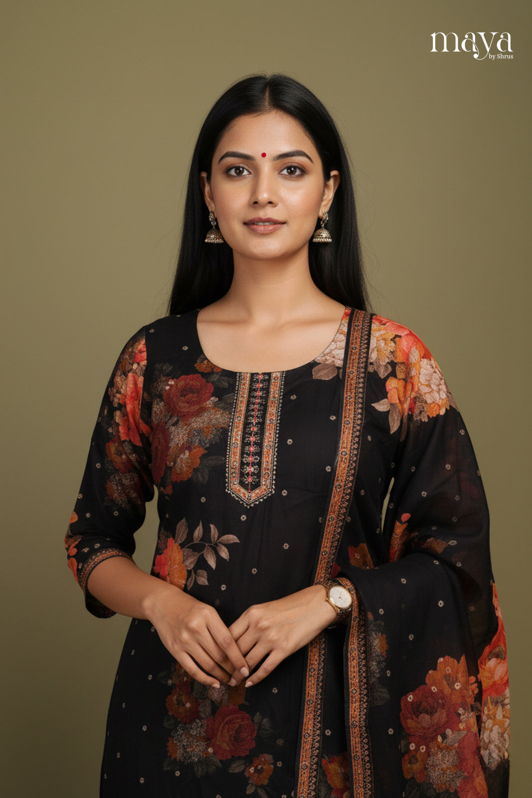 Black- Floral printed Readymade 3 Piece Salwar Suit