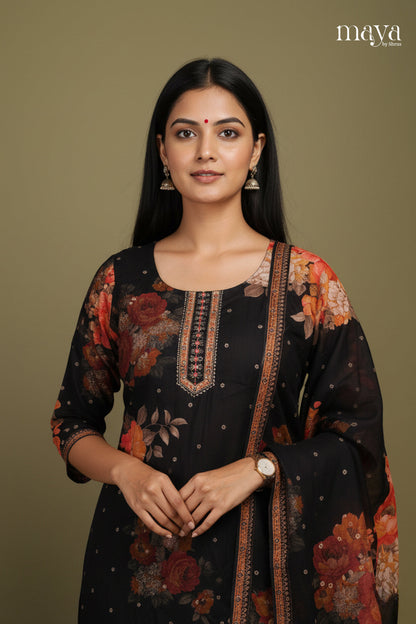 Black- Floral printed Readymade 3 Piece Salwar Suit