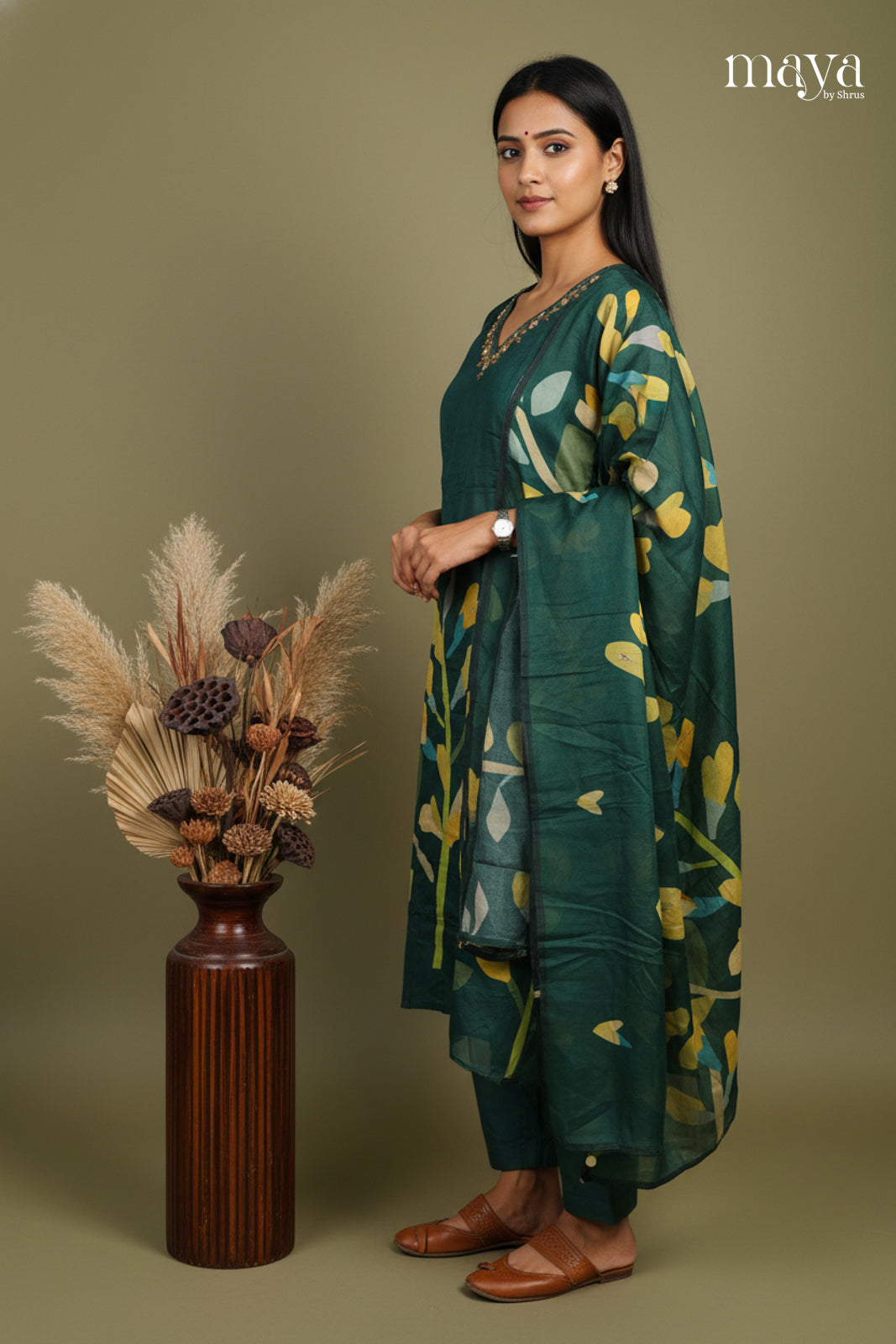 Green - Floral printed Readymade 3 Piece Salwar Suit